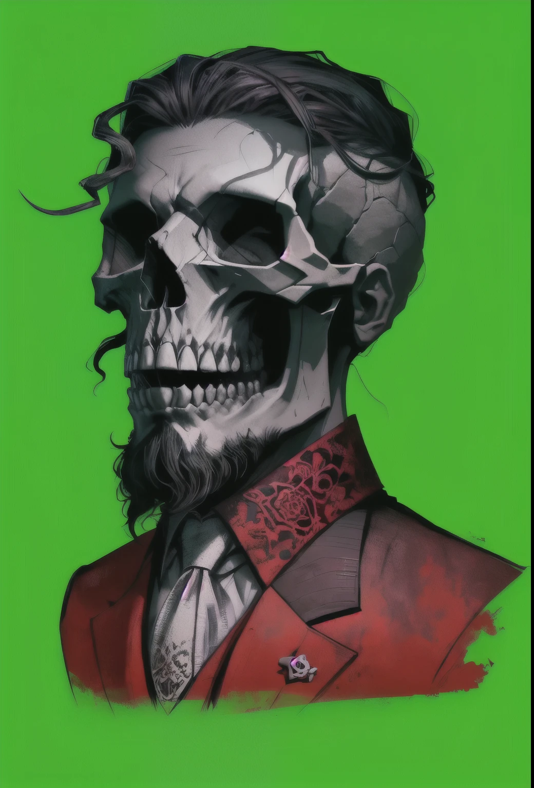 a close up of a skull with a beard and a mustache, Esqueleto in a suit, eerie altamente detalhado, the head of the man is a skull, retrato de um zumbi, his head is a skull, ((skull)), skull like, ( ( ( Esqueleto ) ) ), skull on the screen, esqueleto, [ arte digital ]!!, Horror!! altamente detalhado