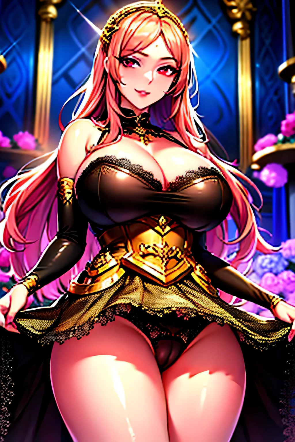 fantasy style, 1 girl, alone, masterpiece, highest quality, detailed face, face focus, evil smile, long eyelashes, looking at the viewer, dress, big breasts, (cleavage), golden, jewelry, Are standing, (skirt lift), (lace trim panties), (camel toe) ,(T-back:1.2), shiny skin,