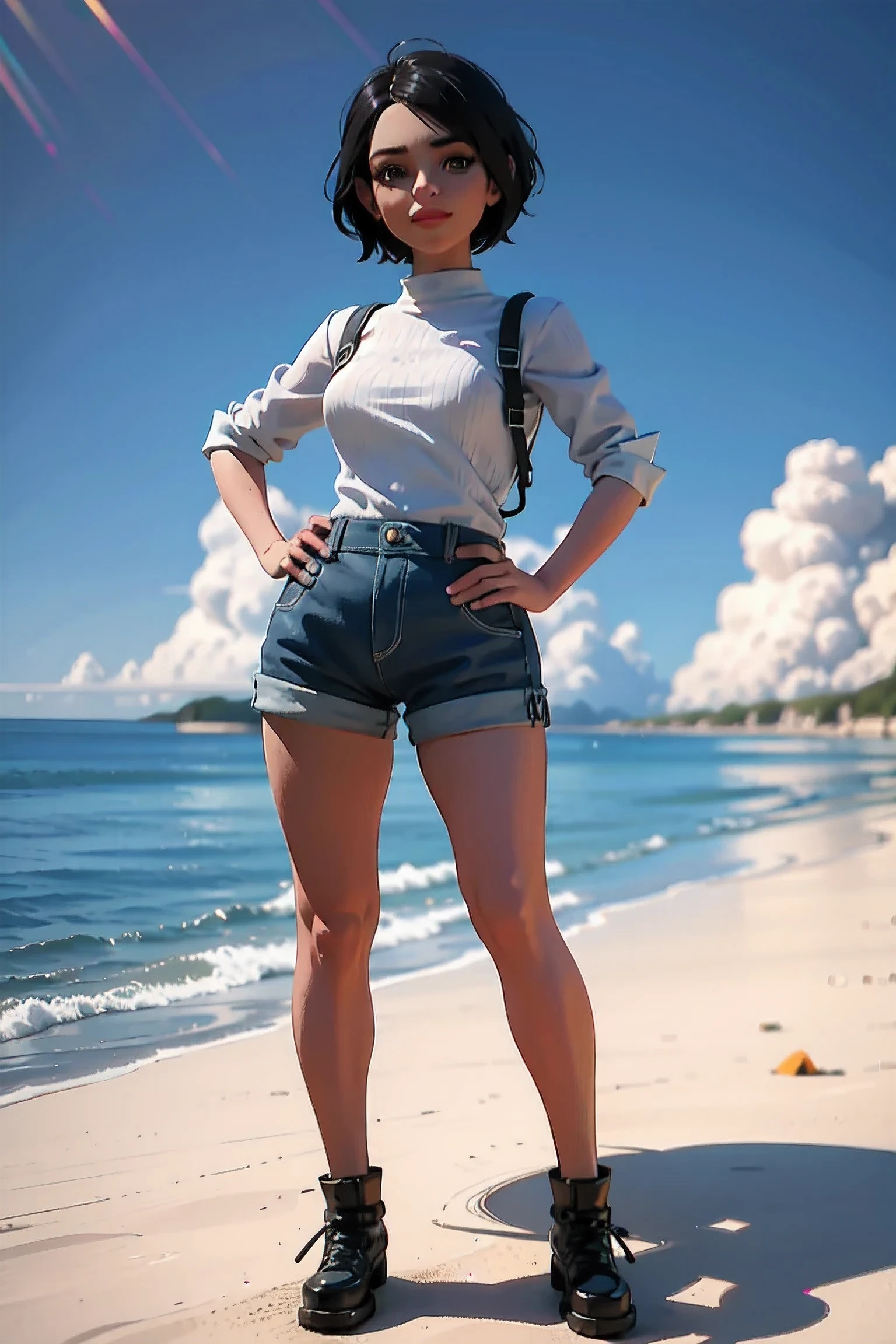 (Short hair, handsome tomboy:1.2) , beach ,3D
