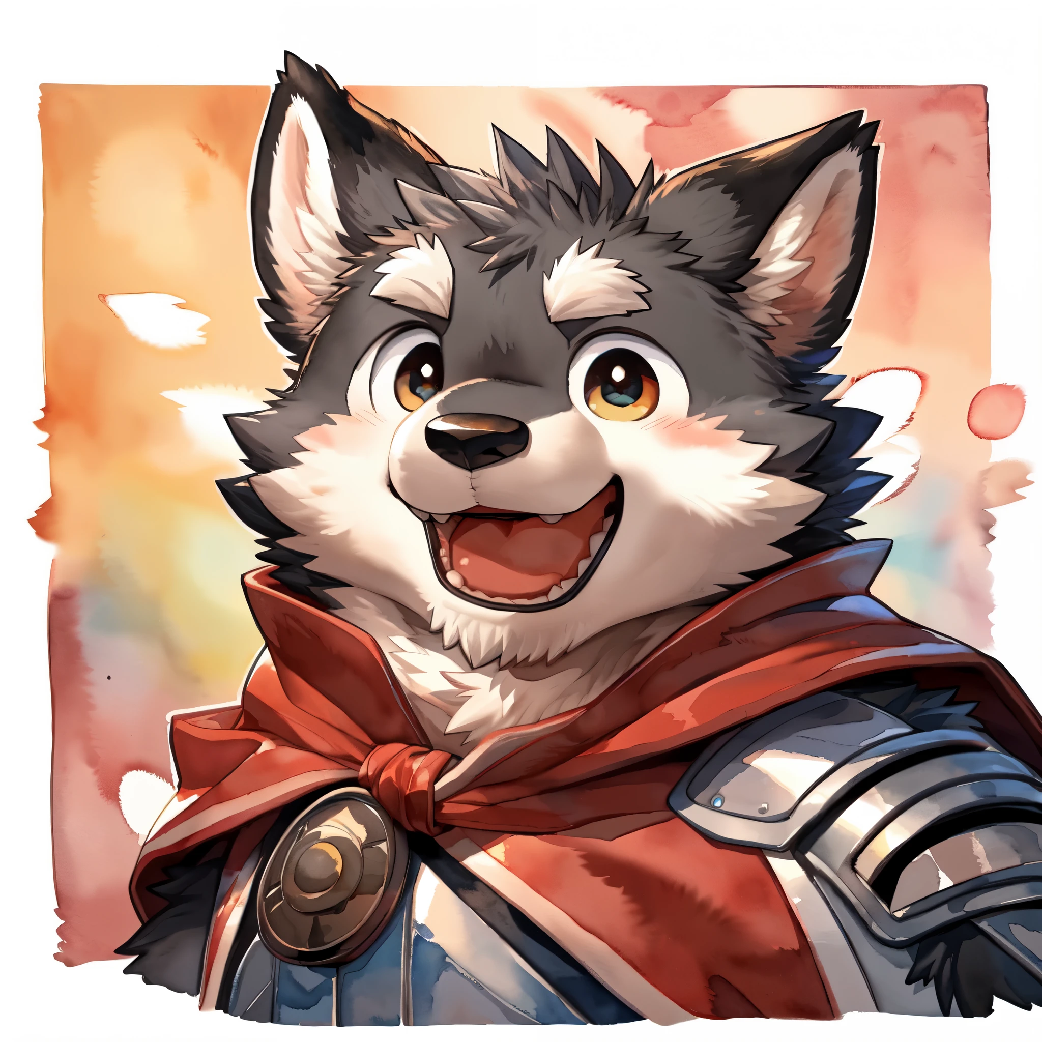 Scribble wolf face, ((cute)), anthro(wolf), (gray-black fur:1.2), comic style, white beard, white belly, (knight costume, long red cherry cloak), (close up:1.5), by takemoto arashi, by kamyuel, by milkytiger1145, by 96panda, generous smile, happy, open mouth, (watercolor \(medium\), IrisCompiet:1.2),front view, face focus, abstract background, fantasy, many colors, colorful, (chibi:1.2), full body