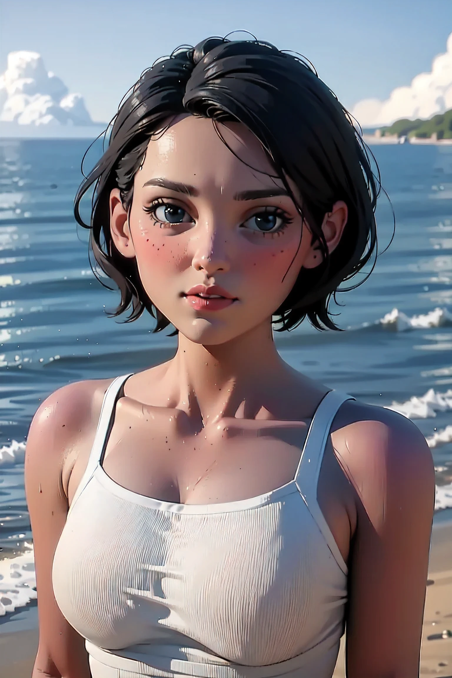 (Short hair, handsome tomboy:1.2) , beach ,3D
