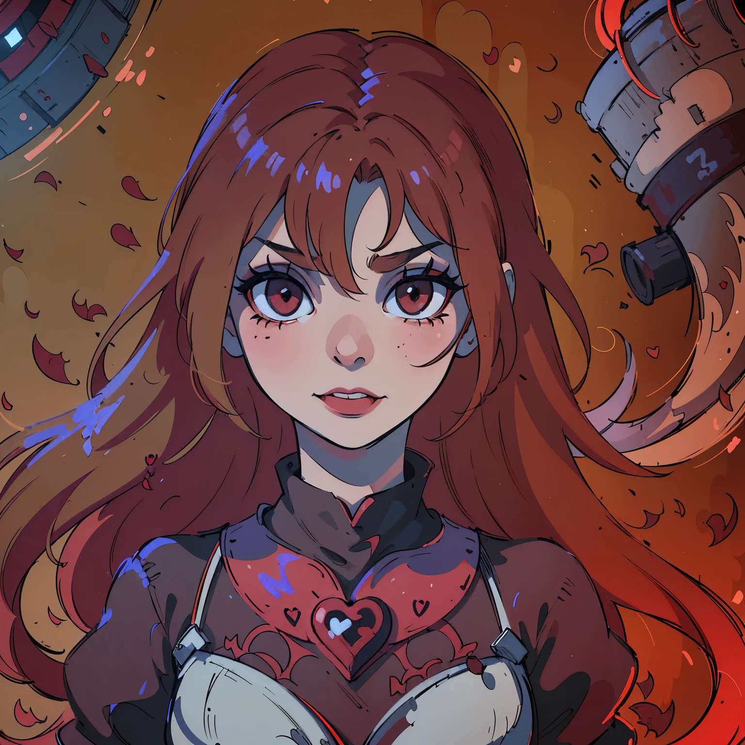 (best quality,4k,8k,highres,masterpiece:1.2),ultra-detailed,(realistic,photorealistic,photo-realistic:1.37),blood red hair,blood red eyes,extremely detailed eyes and face,lighter skin, detailed teeth,vivid colors,dark shadows,dramatic lighting,gothic,horror,portrait,very red hair,beautiful nose,smile, Do not alter the hair fringe,Red lipstick, smile with beautiful teeth, drawing of a heart symbol painted in red on the right cheek.