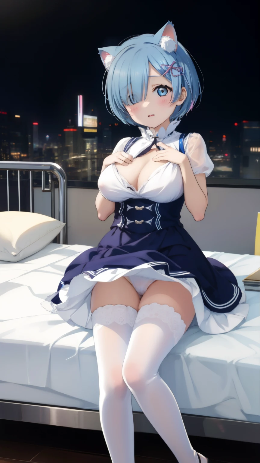Re:Zero's Rem、light blue hair、short hair、table top、High resolution、many girls multiple girls、large crowd、lots of cute girls、big and full breasts、naughty body、See-through、throw、、whole body、Are standing、Look up at me、confused face、blush、embarrassing、Excited、white breath、black pantyhose、female shape'Private parts are clearly visible、I can see your nipples、white skirt、micro mini skirt、very short skirt、hospital、hospital room、Many people々々々々、in the crowd、bare chest、show your chest、Upper grade、A lot of milk comes out from the nipples、Breast milk gushes from the nipple、white nurse uniform、cat ears nurse uniform、white one-piece nurse uniform、Bangs that cover one eye、pink hairpin、sit on bed、white sandals、white pantyhose、open your legs、open thighs、emphasize the chest、chest to chest、night viewが見える部屋、night view