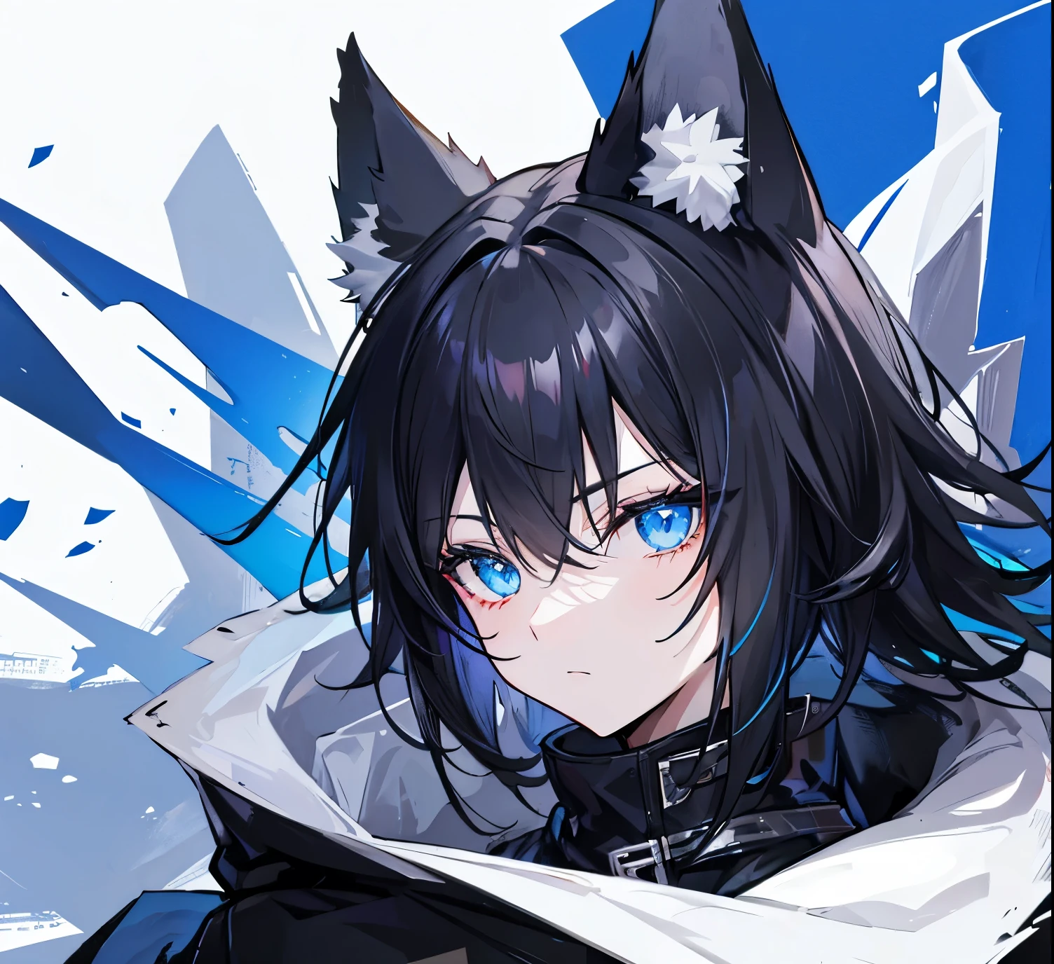 Wolf,blue eyes,wolf ears,black fur,male,black hair,sideburns,short hair