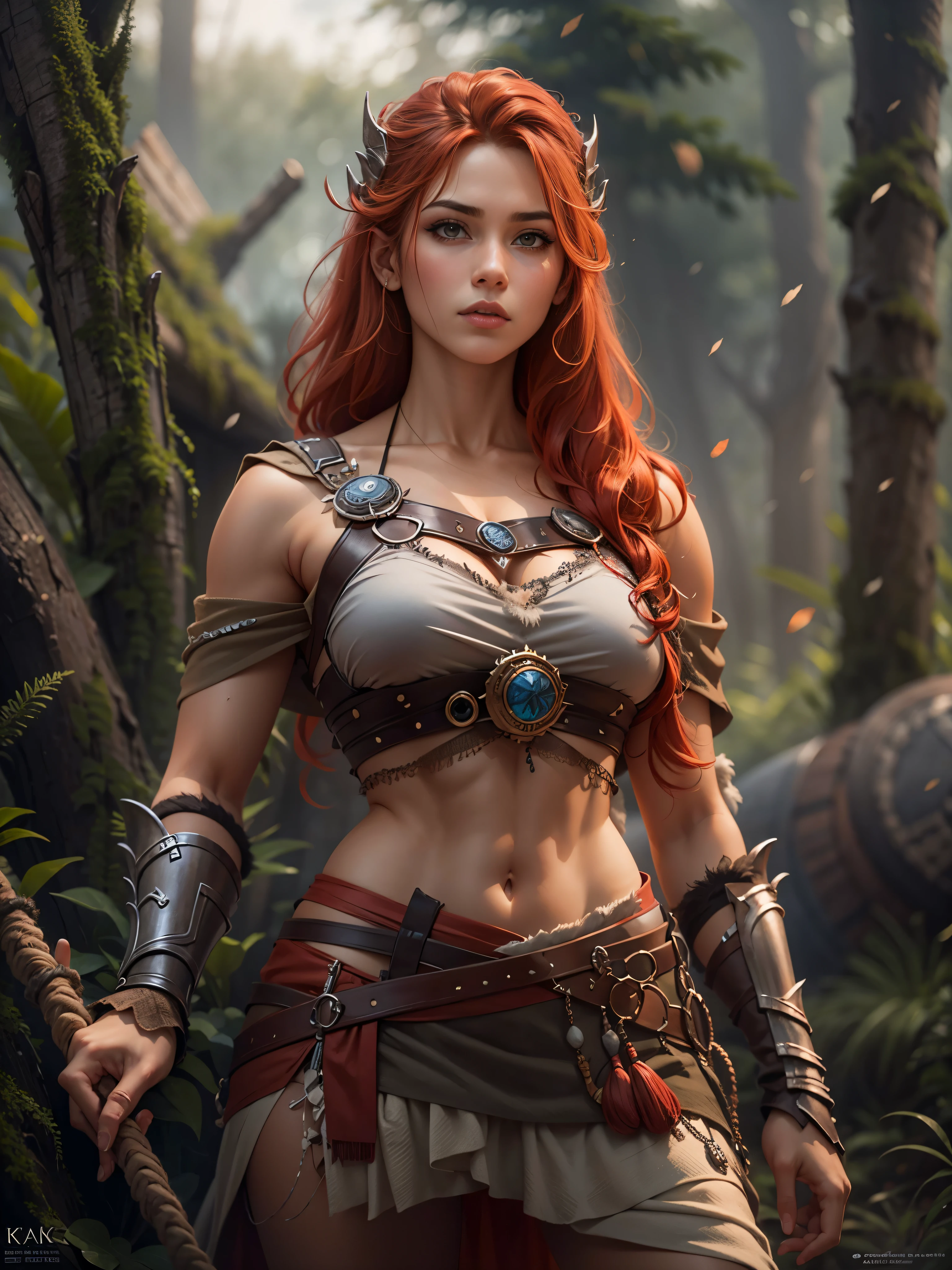 Masterpiece, best quality, brilliant details, cinematic lighting, exciting perspective, young pretty woman, beautiful face, perfect eyes, big firm breasts, perfect proportions, norse type, bikini outfit, cameltoe, cinematic pose, red hair, viking warrior, nordic forest