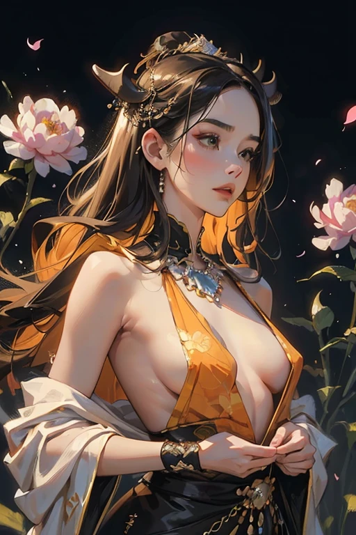 ((8k wallpaper of extremely detailed CG unit, masterpiece, hight resolution, top-quality, top-qualityのリアルテクスチャスキン)), (a very beautiful woman, Plump lips, The upper part of the body, Japanese pattern blouson:1.2, Japanese pattern micro mini shorts:1.2), (A dark-haired, hair messy, de pele branca, small tit), ((Colorful background with geometric patterns, Japanese pattern background, warm color)), (hyper realisitic, digitial painting),nsfw,slender body shape, (Hyper-realistic) , (illustration), (Increase the resolution), (8K), (RAW photos,best qualtiy),(realisticlying,photograph realistic:1.3),best qualtiy,highly detailed,tmasterpiece,Hyper-detailing,( the wallpaper), (Detailed face), solo,1girll,The is very detailed,dynamic angle,cow boy shot,The most beautiful form of chaos,elegant,Fauvist design,vivd colour,Goddess of romanticism,Model figure,ancient costume,best qualtiy,Extremely detailed jewelry,Peony petals,scenecy,rios|Wagas,nsfw, chinese dress, slender , black dress,dynasty, white top, black bottom