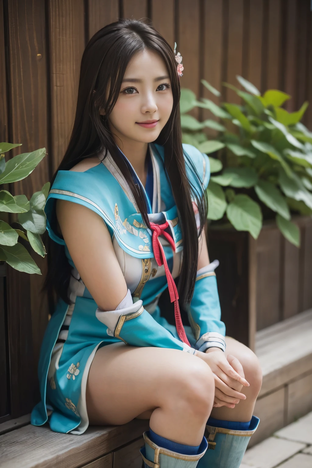 masterpiece、1 beautiful girl、fine eyes、smile、puffy eyes、highest quality, 超High resolution, (reality: 1.4), movie lighting、Japanese、asian beauty、Korean、super beautiful、Wang Yuanji from Sangoku Musou 8,beautiful skin、body facing forward、close up of face、Upper bodyのクローズアップ,(超reality的な)、(High resolution)、(8k)、(very detailed)、(美しくfine eyes)、(Super detailed)、 (wall-)、detailed face、bright lighting、professional lighting、looking at the viewer、look straight ahead、slanted bangs、perfect cosplay,highest quality, (masterpiece:1.2), figure, disorganized,
(1 girl, alone), (beautiful detailed girl),
Mr. Hayakawa, black hair, long hair,  blue eyes, small breasts, hair ornaments,
aqua dress, gray boots,
garden, null, cloud, wood, Japanese学校外,,
looking at the viewer, 優しいsmile, blush,
(sitting:1.2), (Upper body, portrait),