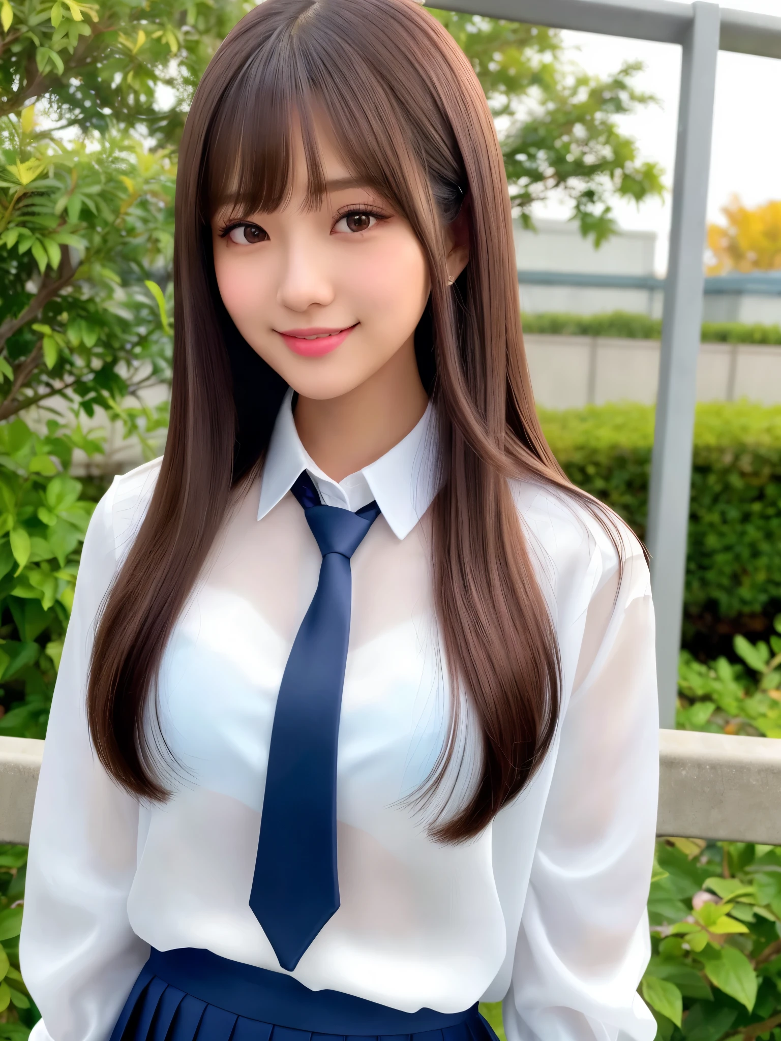 product quality, 1girl, upper body shot, front view, a Japanese young pretty girl, long bob hair, standing with a big smile in fronte a crowded gate of a high school, glamorous figure, wearing a white collared shiny satin shirt of long sleeves, shiny satin dark blue plain long tie, dark blue pleated long skirt, school bag over her shoulder, hyper cute face, glossy lips, double eyelids in both eyes, natural makeup, long eyelashes, shiny smooth light brown long bob hair, asymmetrical bangs, a tanned skin, central image, high resolution, high detail, detailed hairstyle, detailed face, spectacular cinematic lighting, octane rendering, vibrant, hyper realistic, perfect limbs, perfect anatomy