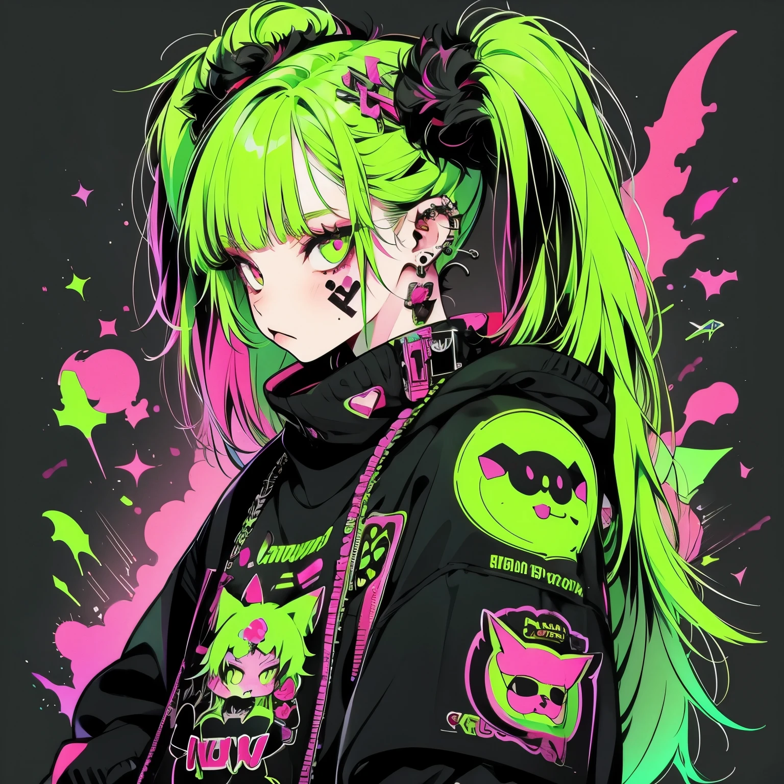 Punk rock emo girl, Neko, wolf girl, long neon green hair in pigtails, tattoo sleeves and piercings, Red eyes, slender, skinny, short,  Harajuku-inspired punk clothes, no twins, one person