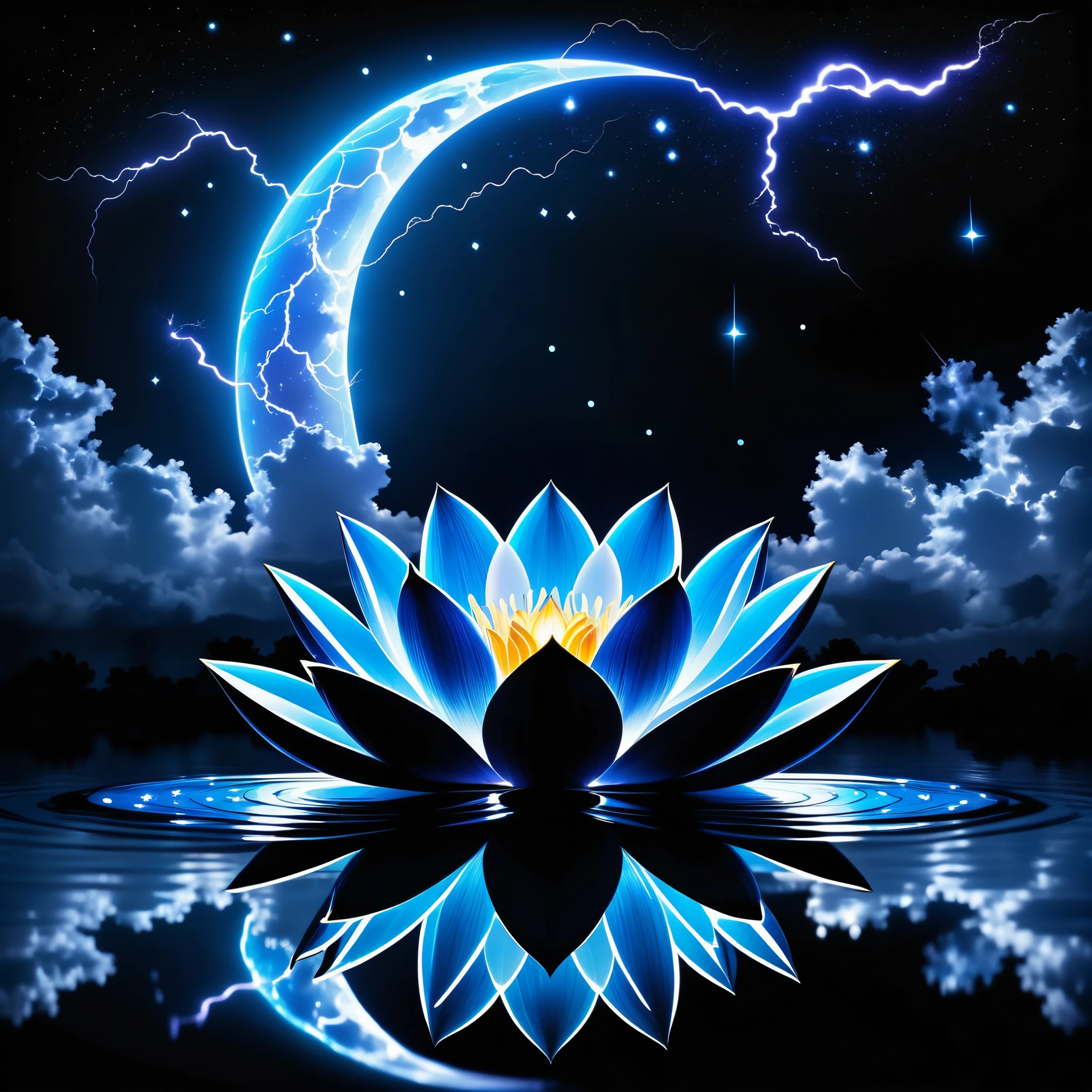 Blue electrons form a lotus silhouette, with lightning effects shining on a black background. The calm water surface, blurry reflections, night, starry sky, moon, clouds,in style of Luigi Colani, detailed