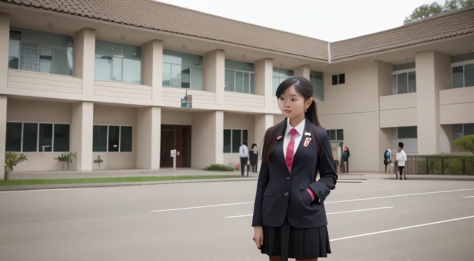 A straight-looking student stands in a school with a sign reading Lycée Binh Minh., une vue large et puis il y a beaucoup d&#39;étudiants avec des visages pointus.