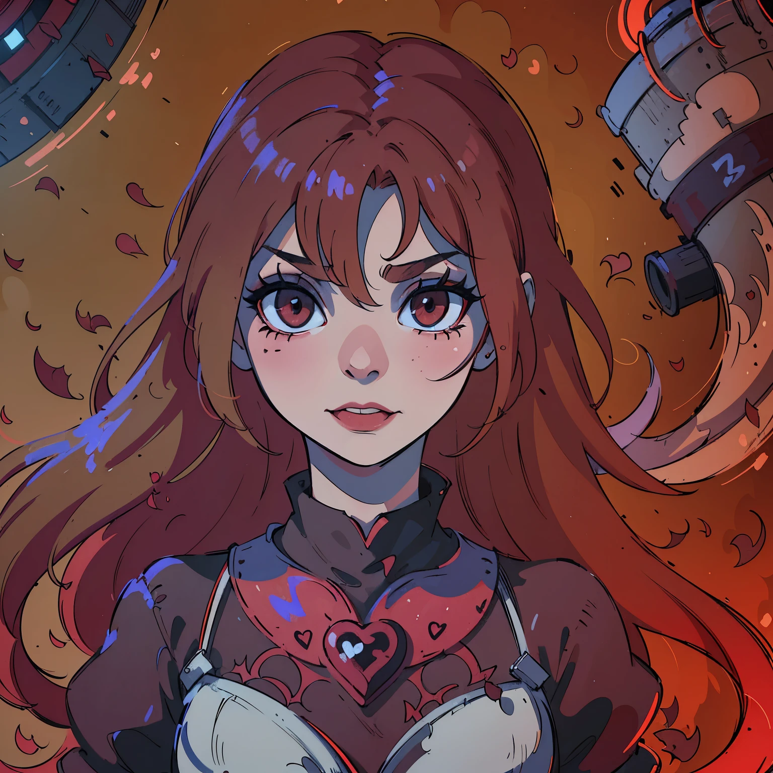 (best quality,4k,8k,highres,masterpiece:1.2),ultra-detailed,(realistic,photorealistic,photo-realistic:1.37),blood red hair,blood red eyes,extremely detailed eyes and face,lighter skin, detailed teeth,vivid colors,dark shadows,dramatic lighting,gothic,horror,portrait,very red hair,beautiful nose,smile, Do not alter the hair fringe,Red lipstick, smile with beautiful teeth, drawing of a heart symbol painted in red on the right cheek.