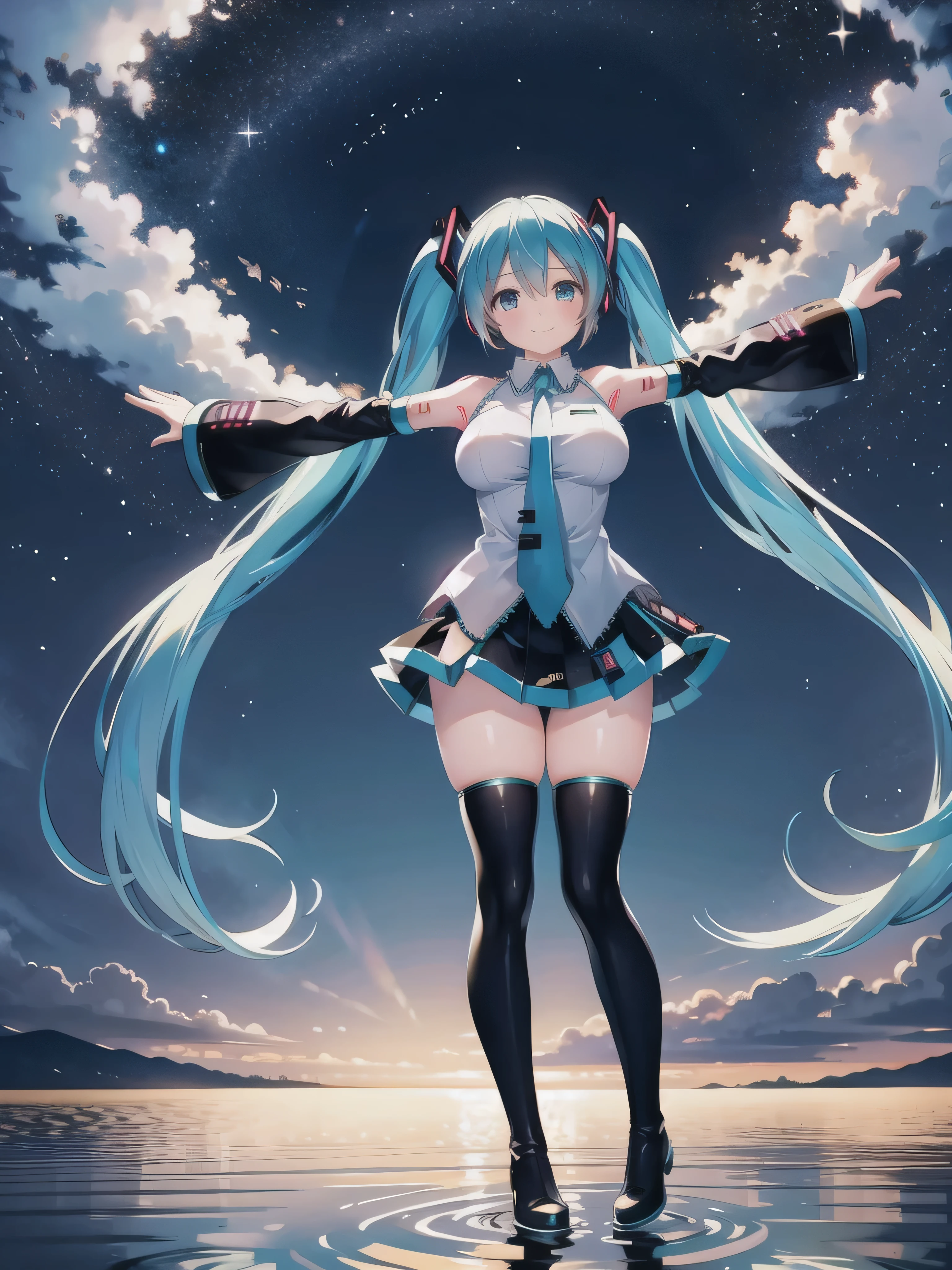 (highest quality, masterpiece, High resolution, super detailed, fine skin, complicated eyes, perfect anatomy:1.2), (alone, hatsune miku:1.5), (cute face, low length), break (smile, blush, Backlight, standing on the lake, darkness, ripple, starry sky, The wind lifts my hair:1.4), (from below, whole body, look away, look up, Raise Arm:1.9), break (Pure white blouse with blue edges, pure white sleeveless clothes with blue edges, solid white color), break (black separate sleeves, black removable sleeves) break (black pleated skirt, The hem of the skirt is blue), break (black thigh high boots:1.2), break (huge breasts, huge breasts, saggy breasts:1.4), (thick thighs, long legs:1.6)