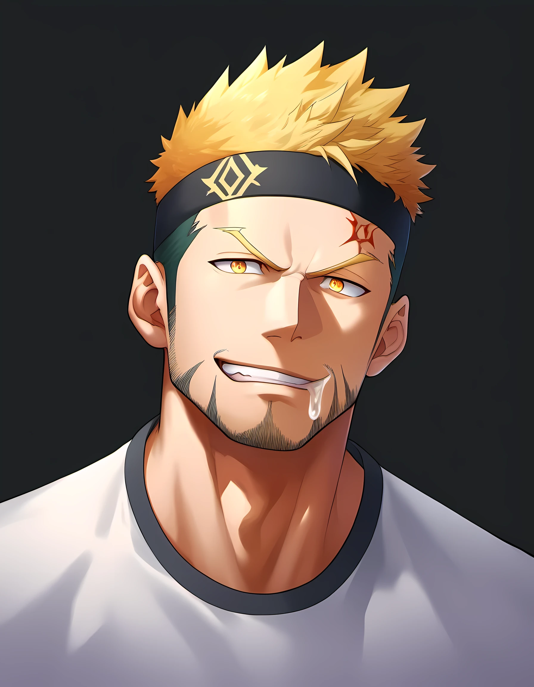 anime characters：Guy, Priapus, 1 young muscular man, male focus, Six pointed star tattoo on face, Sporty black headband, White spandex tight T-shirt, Milky white mucus at the corners of the mouth, muscular male, muscular, only, Upper body, alone, short yellow hair, stubble, yellow eyes, black background, simple background, amazing quality, best aesthetics, Ridiculous, bright pupils, short hair, naughty face, torogao, open lips, best quality