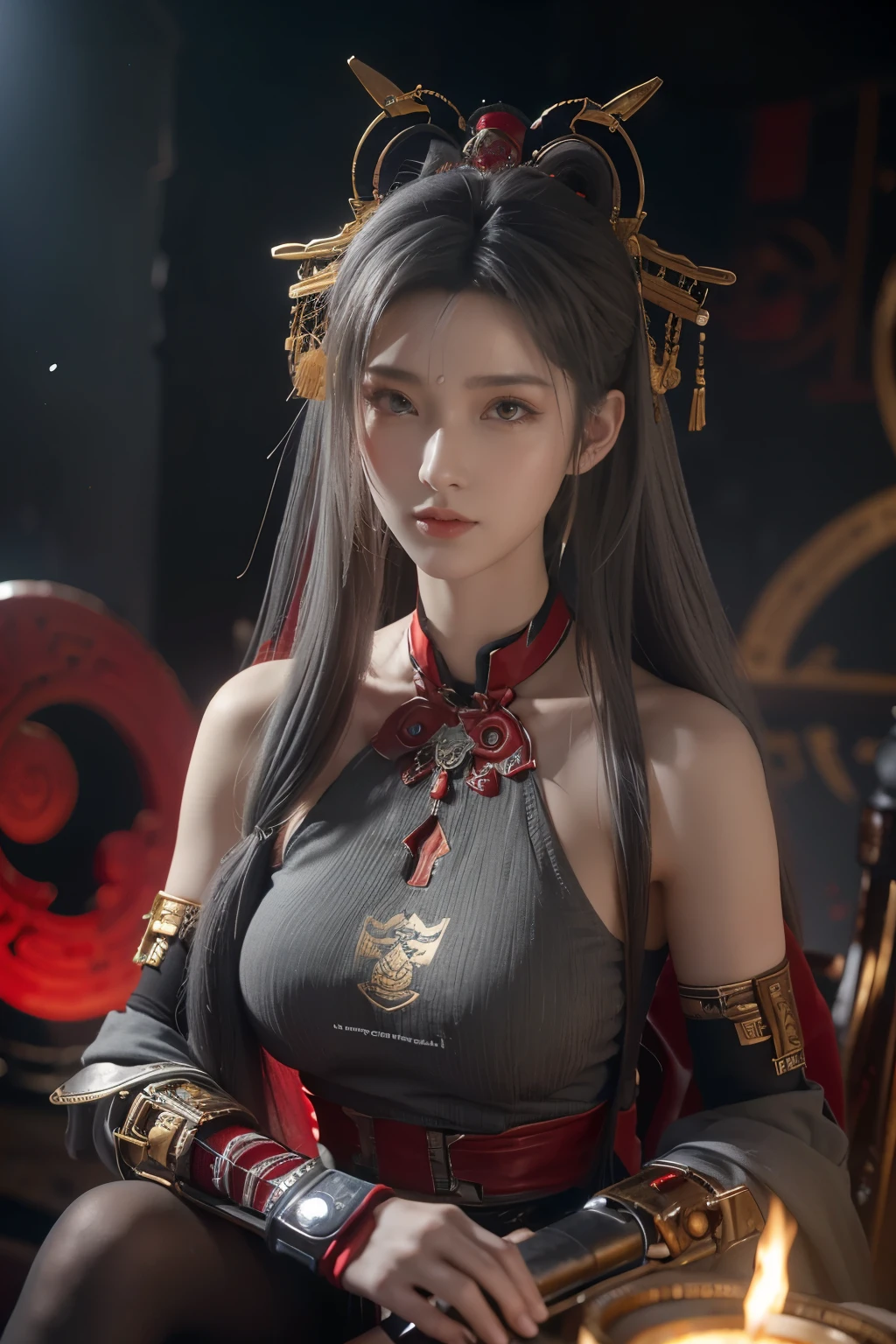 Masterpiece,Game art,The best picture quality,Highest resolution,8K,(Portrait),Unreal Engine 5 rendering works,(Digital Photography),((Portrait Feature:1.5)),
20 year old girl,Short hair details,With long bangs,(The red eye makeup is very meticulous),(With long gray hair:1.4),(Large, full breasts),Elegant and noble,Brave and charming,
(Future armor combined with the characteristics of ancient Chinese armor,Hollow design,Power Armor,The mysterious Eastern runes,A delicate dress pattern,A flash of magic),Warrior of the future,Cyberpunk figures,Background of war,
Movie lights,Ray tracing,Game CG,((3D Unreal Engine)),OC rendering reflection pattern