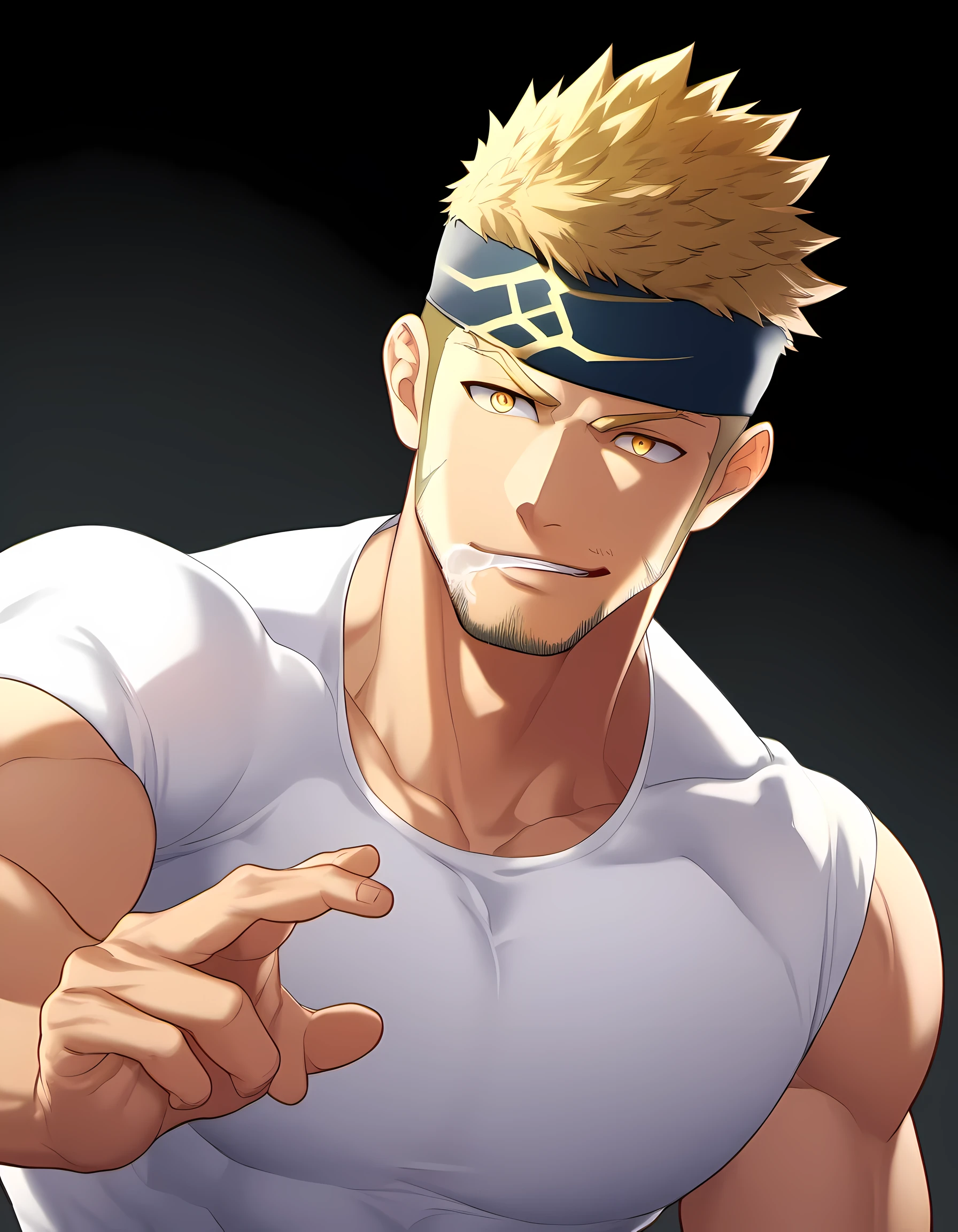 anime characters：Guy, Priapus, 1 young muscular man, male focus, Six pointed star tattoo on face, Sporty black headband, White spandex tight T-shirt, Milky white mucus at the corners of the mouth, muscular male, muscular, only, Upper body, alone, short yellow hair, stubble, yellow eyes, black background, simple background, amazing quality, best aesthetics, Ridiculous, bright pupils, short hair, naughty face, torogao, open lips, best quality