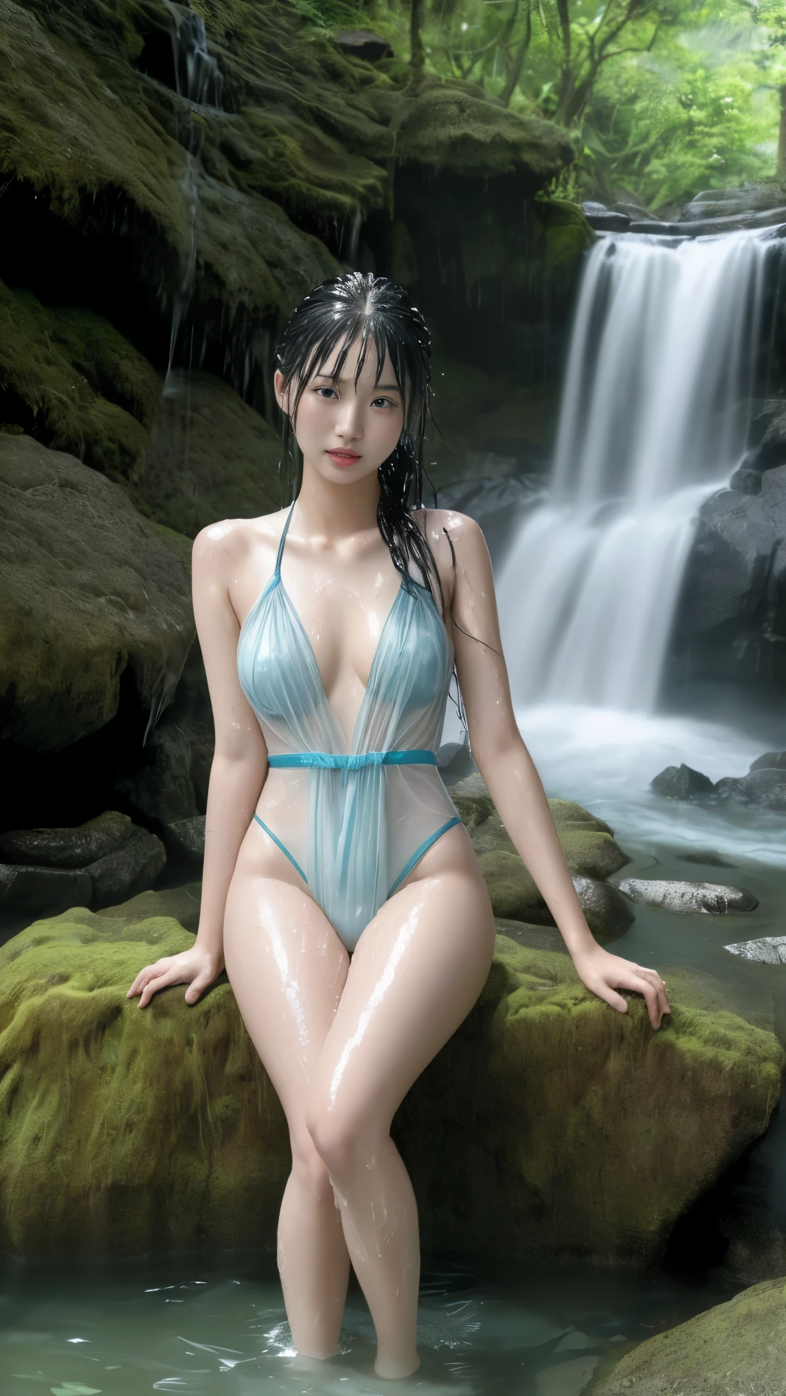 最high quality、high quality、best image quality、8k、最High resolution、High resolution、最high quality、masterpiece、RAW photo、whole body写真、Realistic human body in every detail、Realistic skin in every detail、Realistic face in every detail、Realistic eyes down to the details、Realistic lips in every detail、Realistic teeth in every detail、Realistic ears down to the last detail、Realistic hair down to the last detail、Realistic arms down to the last detail、Realistic reproduction of every detail、Realistic fingers in every detail、(fine hands、thumb1reference4)、Realistic feet in every detail、Realistic feet in every detail、Realistic breasts down to the last detail、((beautiful japanese girl))、(japanese model), (japanese woman)、((18 year old beautiful girl))、(black hair)、(straight hair)、(ponytail)、((whole body))、((beautiful upturned chest))、(stylish slim style)、(whole body光沢肌、Fair skin)、Detailed and realistic human body、detailed realistic skin、detailed realistic face、detailed realistic arms、detailed realistic fingers、Detailed realistic feet、detailed realistic breasts、soft natural light、jungle with waterfall、waterfalls of different heights、big waterfall、waterfall with force of water、((Sit on a rock in front of the waterfall(バックにbig waterfallが見える))、((It gets wet and see-through(monokini))、((bathe in waterfall water(Soaked skin from head to toe))、((Water dripping from the skin))、((monokiniが濡れて肌に張り付く))、((monokiniの上からでも乳首の形がはっきりわかります))、((monokiniから滴る水))、angle from below