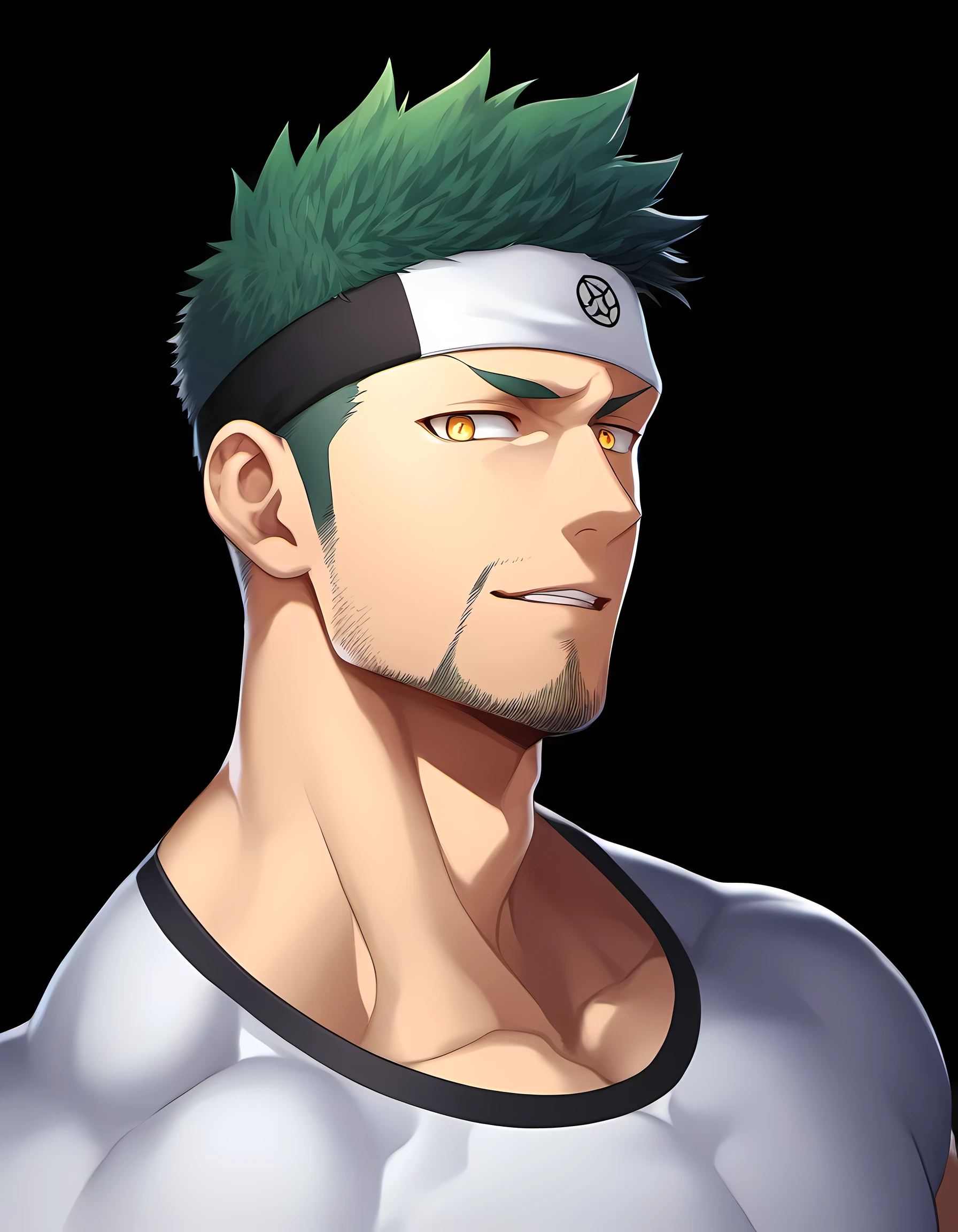 anime characters:Guy, Priapus, 1 young muscular man, male focus, Six pointed star tattoo on face, Sporty black headband, White spandex tight T-shirt, There is milk flowing out of the corner of the mouth., muscular male, muscular, only, Upper body, alone, short yellow hair, stubble, yellow eyes, black background, simple background, amazing quality, best aesthetics, Ridiculous, bright pupils, short hair, naughty face, torogao, open lips, best quality