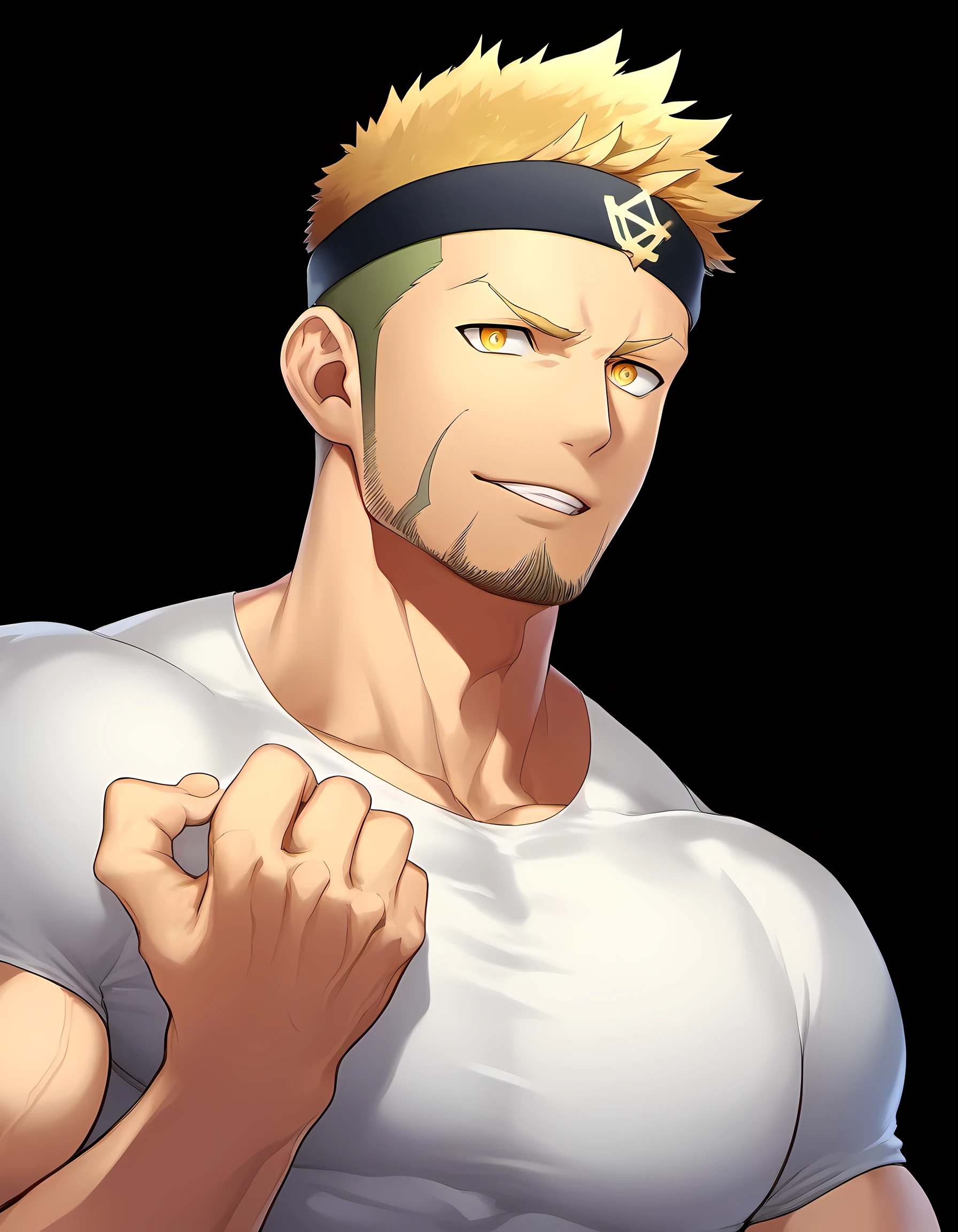 anime characters:Guy, Priapus, 1 young muscular man, male focus, Six pointed star tattoo on face, Sporty black headband, White spandex tight T-shirt, There is milk flowing out of the corner of the mouth., muscular male, muscular, only, Upper body, alone, short yellow hair, stubble, yellow eyes, black background, simple background, amazing quality, best aesthetics, Ridiculous, bright pupils, short hair, naughty face, torogao, open lips, best quality