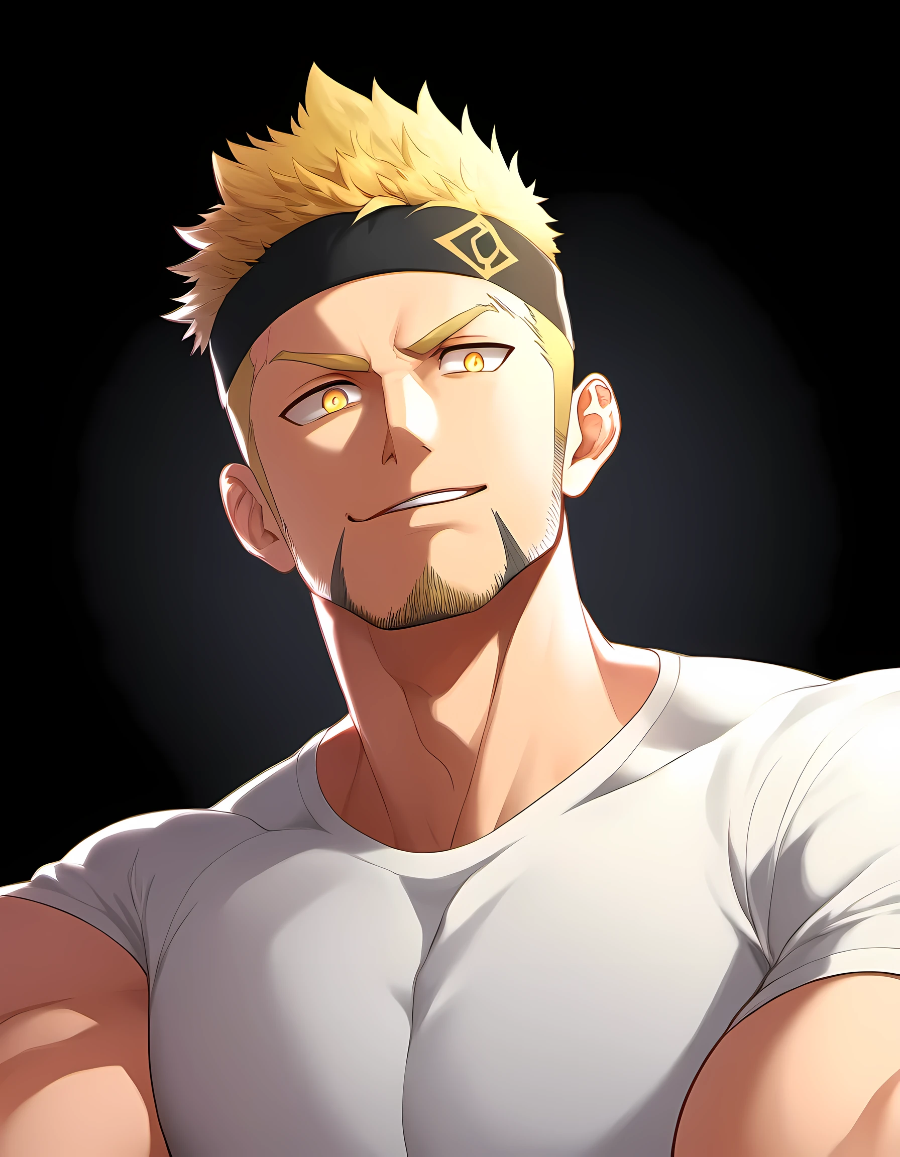 anime characters：Guy, Priapus, ung muscular man, male focus, Six pointed star tattoo on face, Sporty black headband, White spandex tight T-shirt, There is milk flowing out of the corner of the mouth., muscular male, muscular, only, Upper body, alone, short yellow hair, stubble, yellow eyes, black background, simple background, amazing quality, best aesthetics, Ridiculous, bright pupils, short hair, naughty face, torogao, open lips, best quality