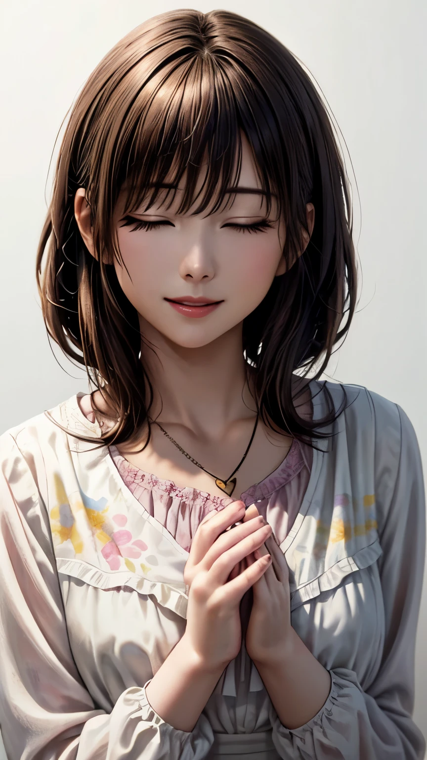 (highest quality、8k、32K、masterpiece)、(realistic)、(Photoreal:1.2)、(High resolution)、Super detailed、very beautiful face and eyes、1 girl、round and small face、thin waist、delicate body、(close、highest quality、high detail、rich skin details)、(highest quality、8k、oil paint:1.2)、Super detailed、(realistic、realistic:1.37)、bright colors、(((brown hair)))、(((bust shot)))、(((medium hair)))、(((pure white wall background)))、(((pure white wall background)))、(((wear floral clothes)))、(((I&#39;laughing)))、(((Wearing a floral blouse)))、(((look straight ahead)))、(((I have brown hair)))、(((wearing a heart necklace)))、(((she is wearing a white and pink blouse)))、(((her hair is tied up with a yellow scrunchie)))、(((eyes closed)))、(((I&#39;m praying with my hands together)))