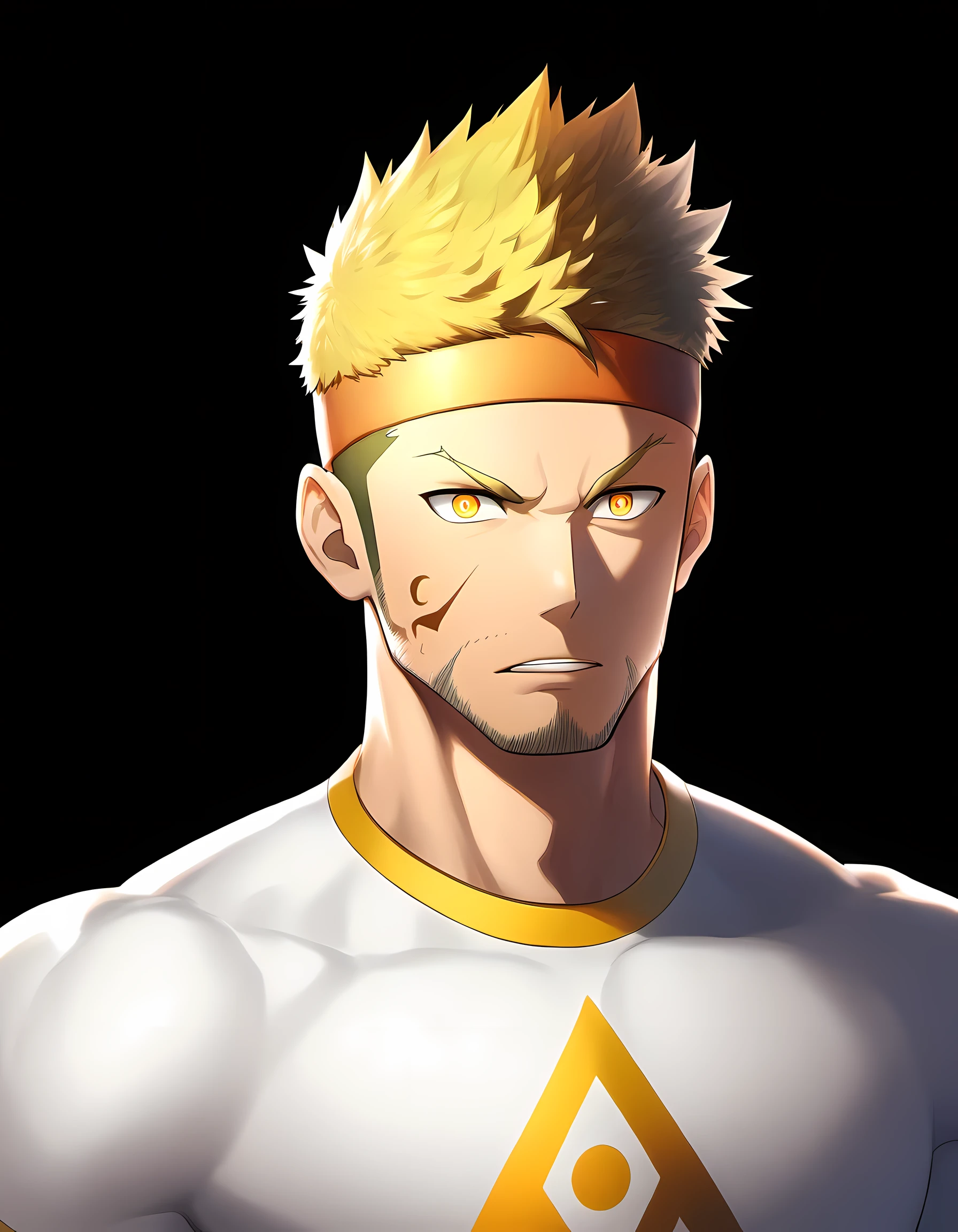 anime characters:Guy, Priapus, ung muscular man, male focus, Six pointed star tattoo on face, Sporty black headband, White spandex tight T-shirt, muscular male, muscular, only, Upper body, alone, short yellow hair, stubble, yellow eyes, black background, simple background, amazing quality, best aesthetics, Ridiculous, bright pupils, short hair, open lips, V-shaped eyebrows, Jiliu, best quality