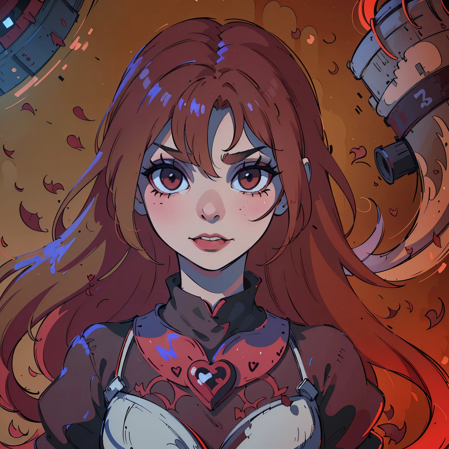 (best quality,4k,8k,highres,masterpiece:1.2),ultra-detailed,(realistic,photorealistic,photo-realistic:1.37),blood red hair,blood red eyes,extremely detailed eyes and face,lighter skin, detailed teeth,vivid colors,dark shadows,dramatic lighting,gothic,horror,portrait,very red hair,beautiful nose,smile, Do not alter the hair fringe,Red lipstick, smile with beautiful teeth, drawing of a heart symbol painted in red on the right cheek.