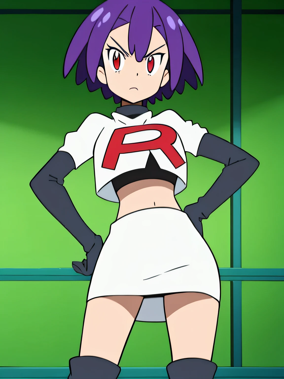Colorful , masutepiece, Best Quality, 1girl in, , purple hair, middle hair, spike hair, Evil Female Executive, Goth Costume, a miniskirt, White stockings, Large red ribbon, a choker, White inner, black clothes, black boots, bat wings, , from below, looking at viewer, contrapposto, hand on hip, hairs between eyes, red eyes, shiny eyes,team rocket uniform, red letter r, white skirt,white crop top,black thigh-high boots, black elbow gloves, glaring angrily, looking at viewer, hands on hips, zettai ryouiki, cowboy shot