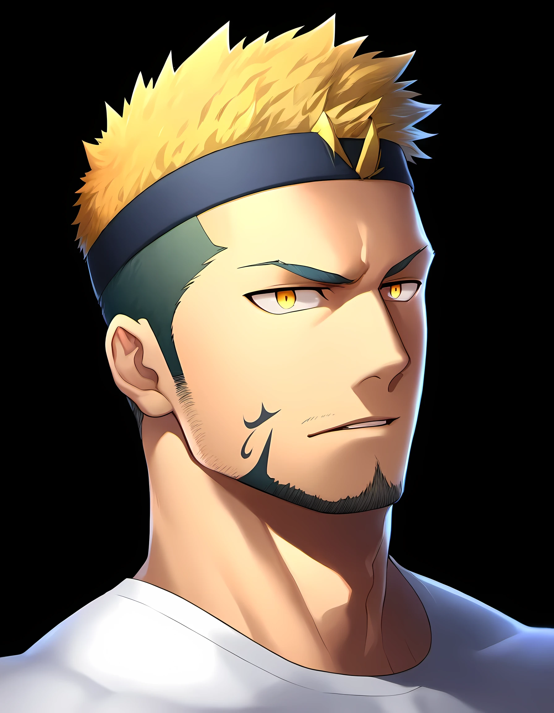 anime characters：Guy, Priapus, 1 young muscular man, male focus, Six pointed star tattoo on face, Sporty black headband, White spandex tight T-shirt, muscular male, muscular, only, Upper body, alone, short yellow hair, stubble, yellow eyes, black background, simple background, amazing quality, best aesthetics, Ridiculous, bright pupils, short hair, open lips, V-shaped eyebrows, Jiliu, best quality