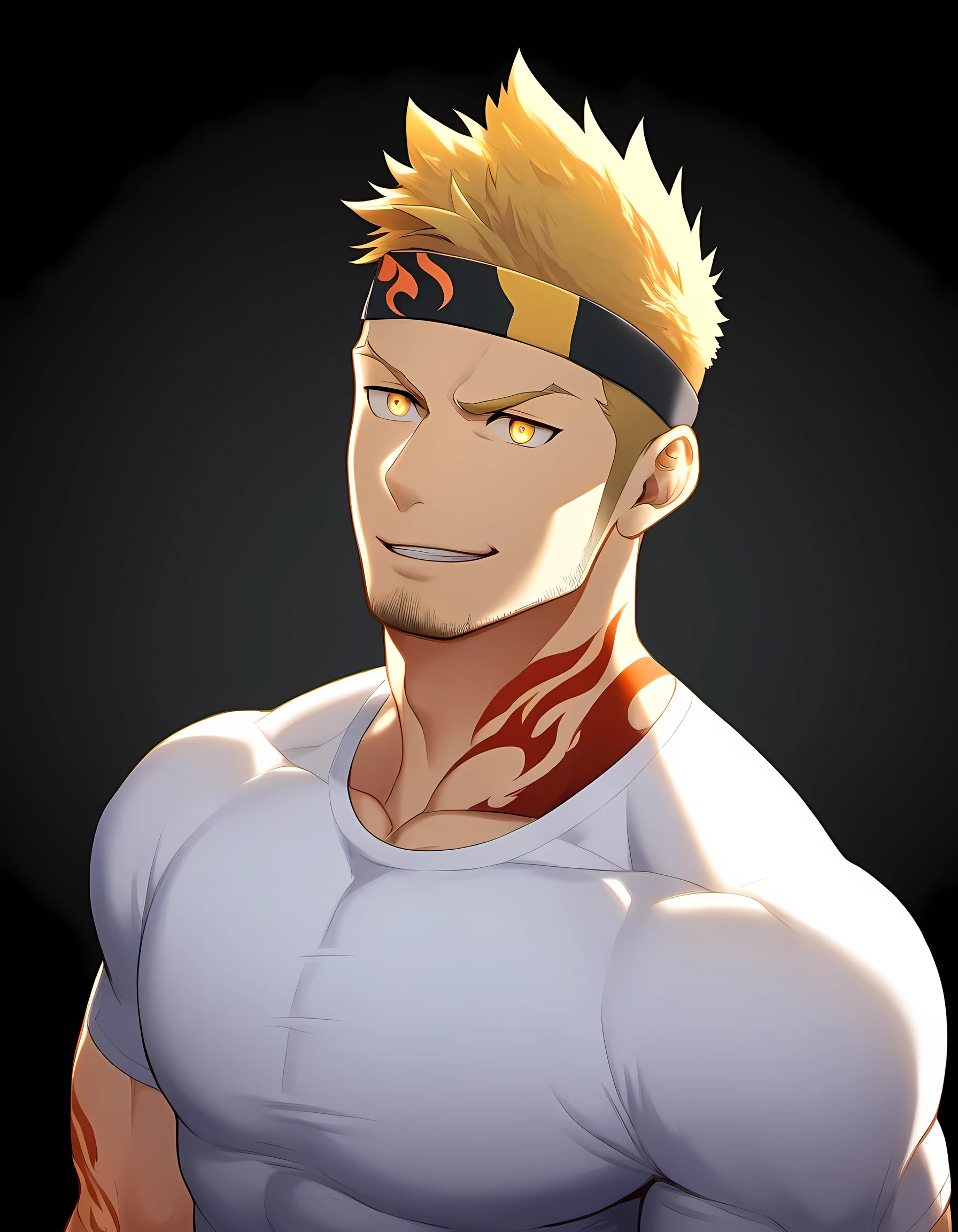 anime characters:Guy, Priapus, 1 young muscular man, male focus, Flame tattoo, Sporty black headband, White spandex tight T-shirt, There is milk flowing out of the corner of the mouth., muscular male, muscular, only, Upper body, alone, short yellow hair, stubble, yellow eyes, black background, simple background, amazing quality, best aesthetics, Ridiculous, bright pupils, short hair, naughty face, torogao, open lips, best quality