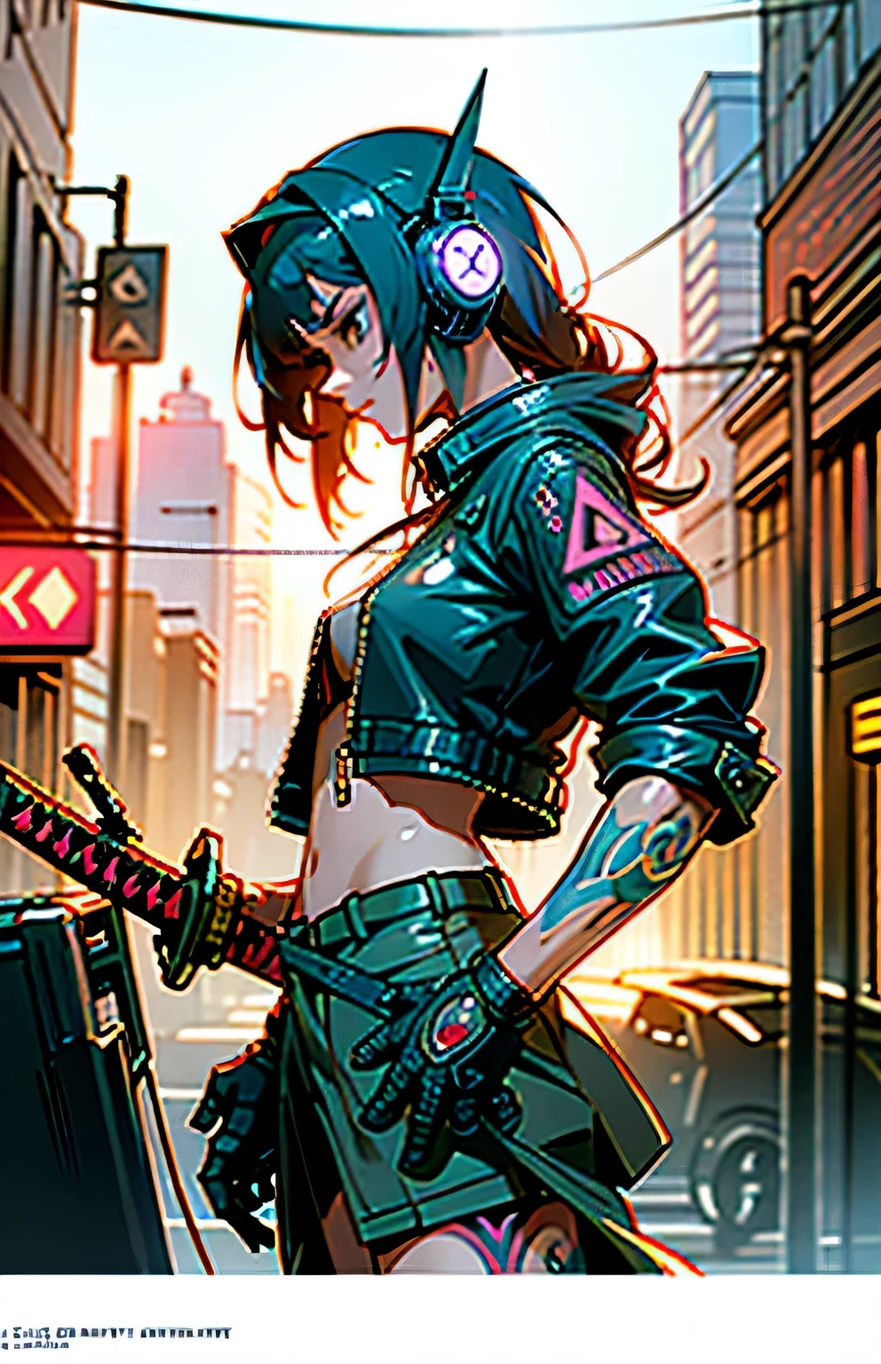 ompts 最高の品質inコピーします, realistic, photorealistic, award-winning illustration, (intricate details:1.2), (Delicate), (intricate details), (cinematic light, Top quality backlight), clear line, sharp focus, official art, unity 8k wallpaper, disorganized, incredibly disorganized, huge file size, Ultra- (in_main_street:1.21), (neon lamp),fantasy art, RTX,((award winning studio closeup photo of a triangle)), 1 boy,Half body,(full tattoo),(closed mouth),small breasts,((cyberpunk city street, Valkyrie,knife, robot arm)),(cyberpunk blouse, leather jacket, Martin boots),(headphones_around it_head),(headphones_around it_hair)