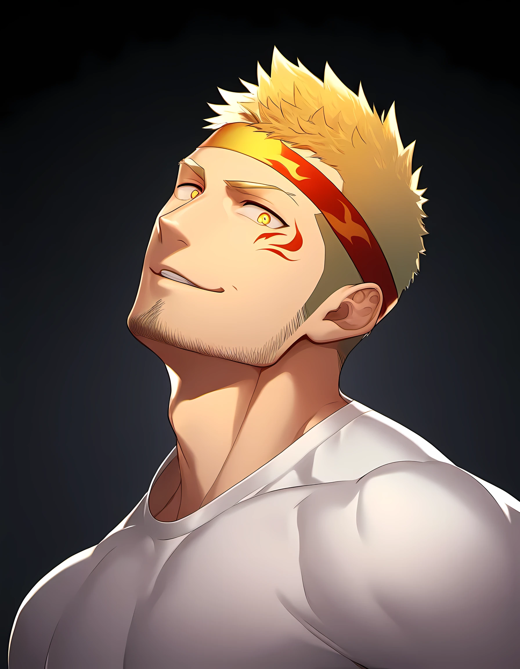 anime characters:Guy, Priapus, ung muscular man, male focus, Flame tattoo, Sporty black headband, White spandex tight T-shirt, There is milk flowing out of the corner of the mouth., muscular male, muscular, only, Upper body, alone, short yellow hair, stubble, yellow eyes, black background, simple background, amazing quality, best aesthetics, Ridiculous, bright pupils, short hair, naughty face, torogao, open lips, best quality