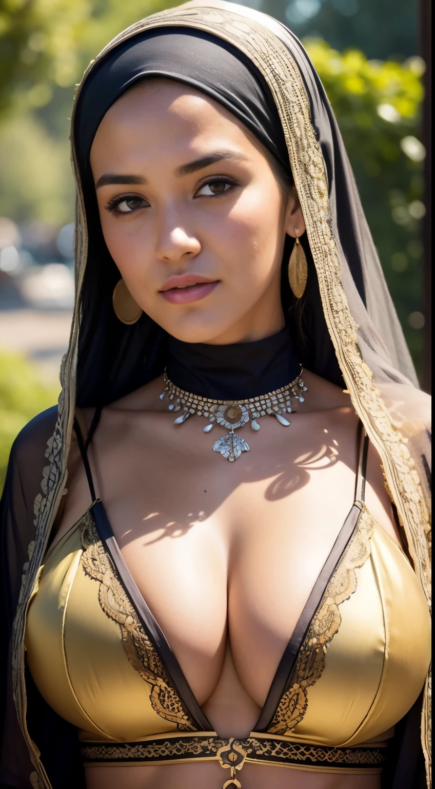 (Melissa_Fumero)two_girls, underboob,RAW, Best quality, high resolution, masterpiece: 1.3), beautiful javanese women in hijab,Masterpiece, perfect slim fit body, Huge breast,big gorgeous eyes, Soft smile,a close up of a woman, wearing beautiful clothes, beautiful design, hijab, rustic, very beautiful enga style, beautiful masterpiece, fine details, wearing gorgeous clothing, choker , necklace, hairband, afternoon walk, City garden, Excellent lighting, Bright colors, Clean lines