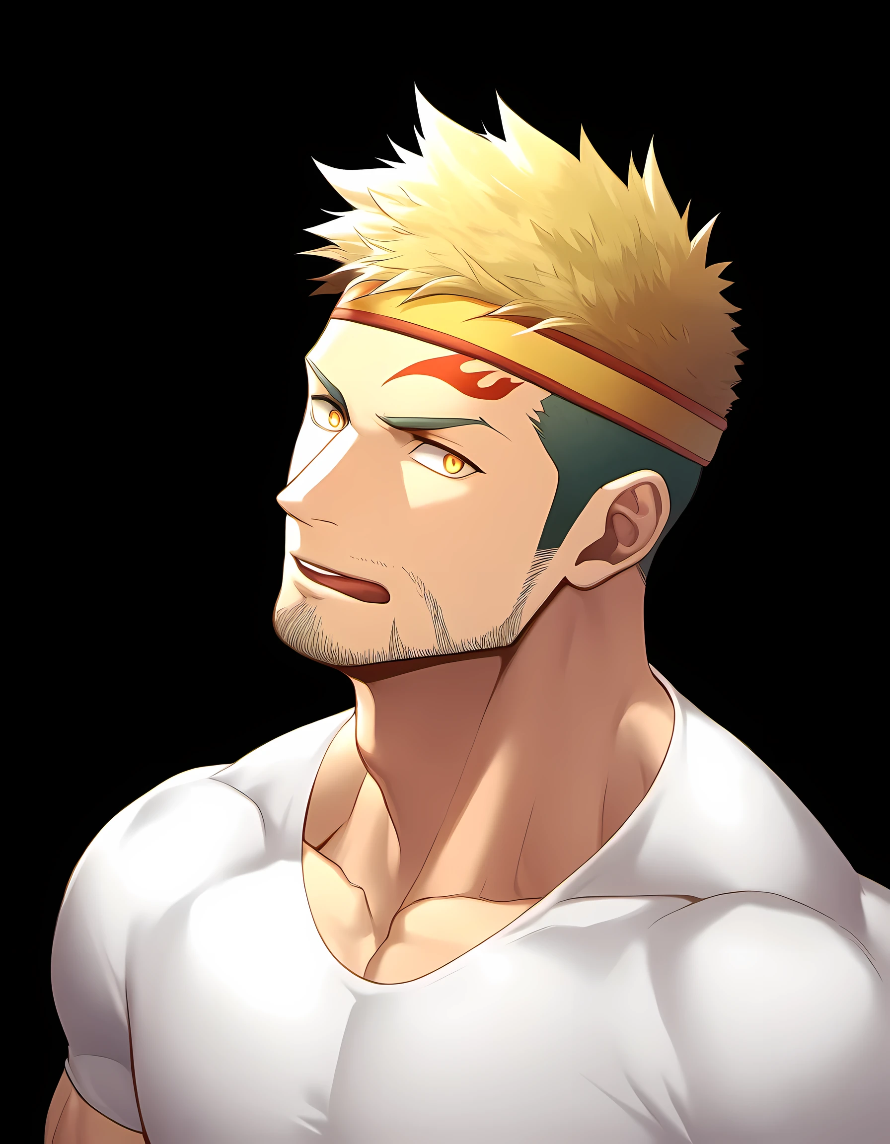 anime characters:Guy, Priapus, ung muscular man, male focus, Flame tattoo, Sporty black headband, White spandex tight T-shirt, There is milk flowing out of the corner of the mouth., muscular male, muscular, only, Upper body, alone, short yellow hair, stubble, yellow eyes, black background, simple background, amazing quality, best aesthetics, Ridiculous, bright pupils, short hair, naughty face, torogao, open lips, best quality