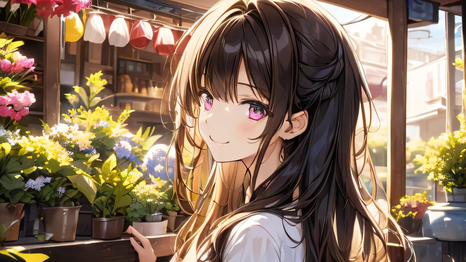 1 female、28 years old、Adult and realistic face、long face、beautiful hair、brown hair、shortcut、fine and beautiful eyes、pink eyes、大きなslanted eyes, Are you okay、柔らか味があふれる満面のsmile、yellow knit、beautiful face、big and beautiful eyes、slanted eyes、smile、I&#39;Iは花屋に一人でいる、Admire the flowers、profile
