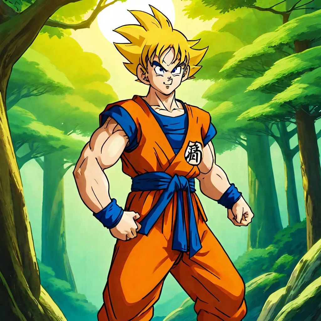 Sun Wukong in orange martial arts uniform, Bulma, Bun Mountain, meet, Four Star Dragon Ball, comic style, illustration, childhood innocence, friendship warms, morning light, vitality, curiosity, adventure, verdant jungle, towering trees, Dappled light and shadow, skylark, Vibrant, dynamic lines, Vibrant colors, trust, adventure旅程, excitement。