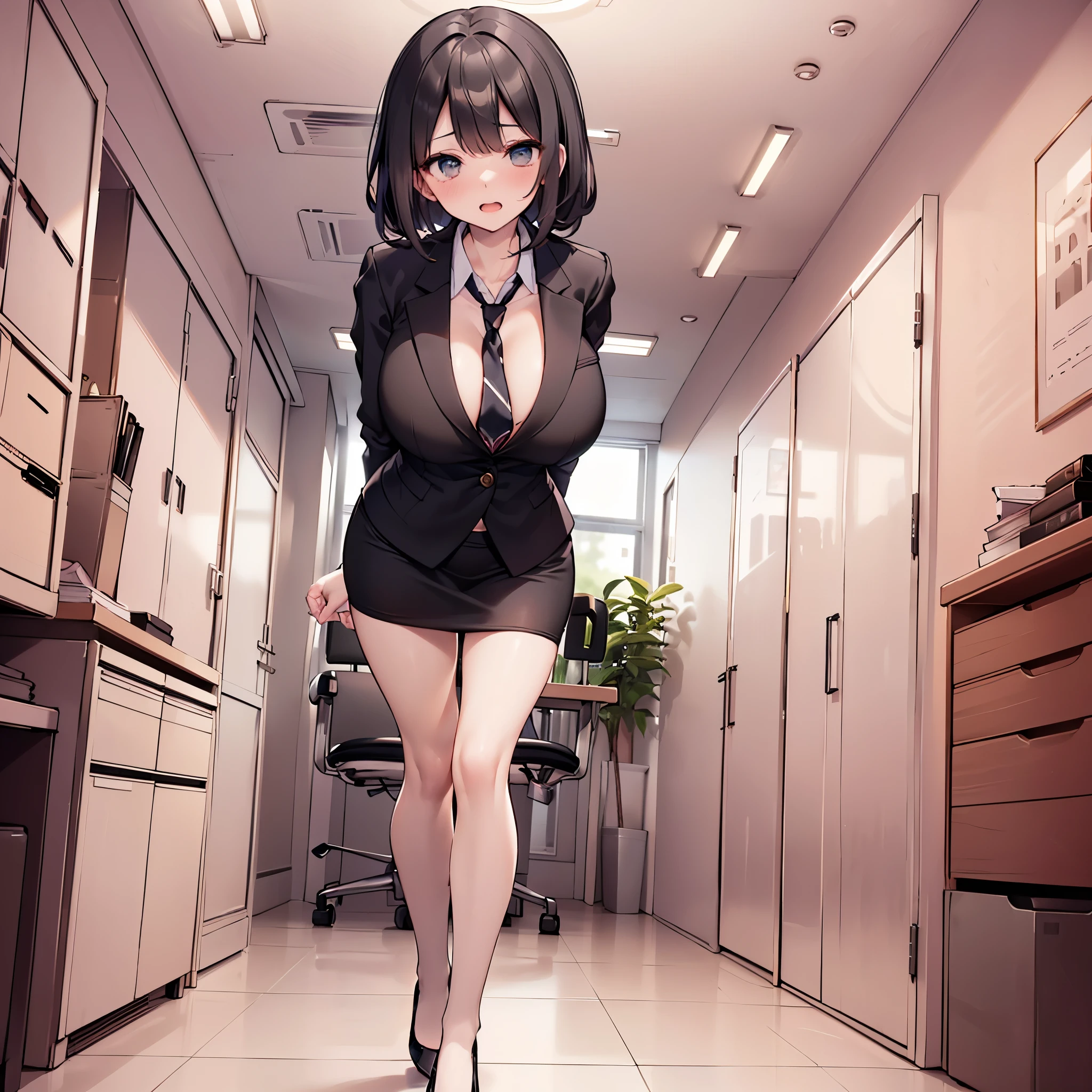 (solo 1 very skinny girl standing in office:1.3), (swaying back), (arms behind back), (business suits:1.3), (black blazer with closing chest:1.3), (white dress shirts under blazer), (bursting gigantic huge breasts:1.2), necktie, (inconceivably narrow waist:1.2), too short black skirt, thigh gap, highheels, nose blush, perfect anatomy, orgasm