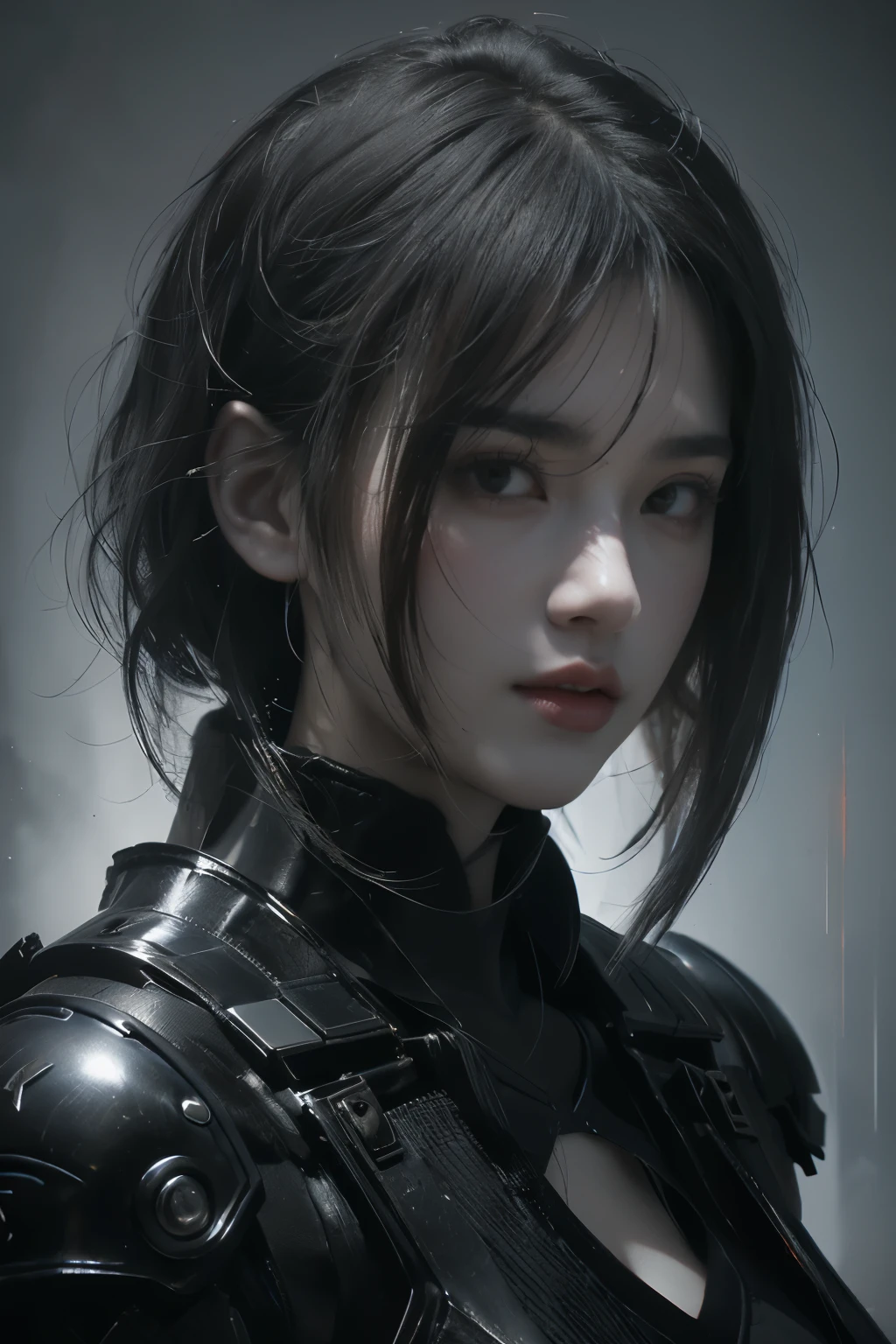 Masterpiece,Game art,The best picture quality,Highest resolution,8K,(Portrait),Unreal Engine 5 rendering works,(Digital Photography),((Portrait Feature:1.5)),
20 year old girl,Short hair details,With long bangs,(The red eye makeup is very meticulous),(With long gray hair:1.4),(Large, full breasts),Elegant and noble,Brave and charming,
(Future armor combined with the characteristics of ancient Chinese armor,Hollow design,Power Armor,The mysterious Eastern runes,A delicate dress pattern,A flash of magic),Warrior of the future,Cyberpunk figures,Background of war,
Movie lights,Ray tracing,Game CG,((3D Unreal Engine)),OC rendering reflection pattern