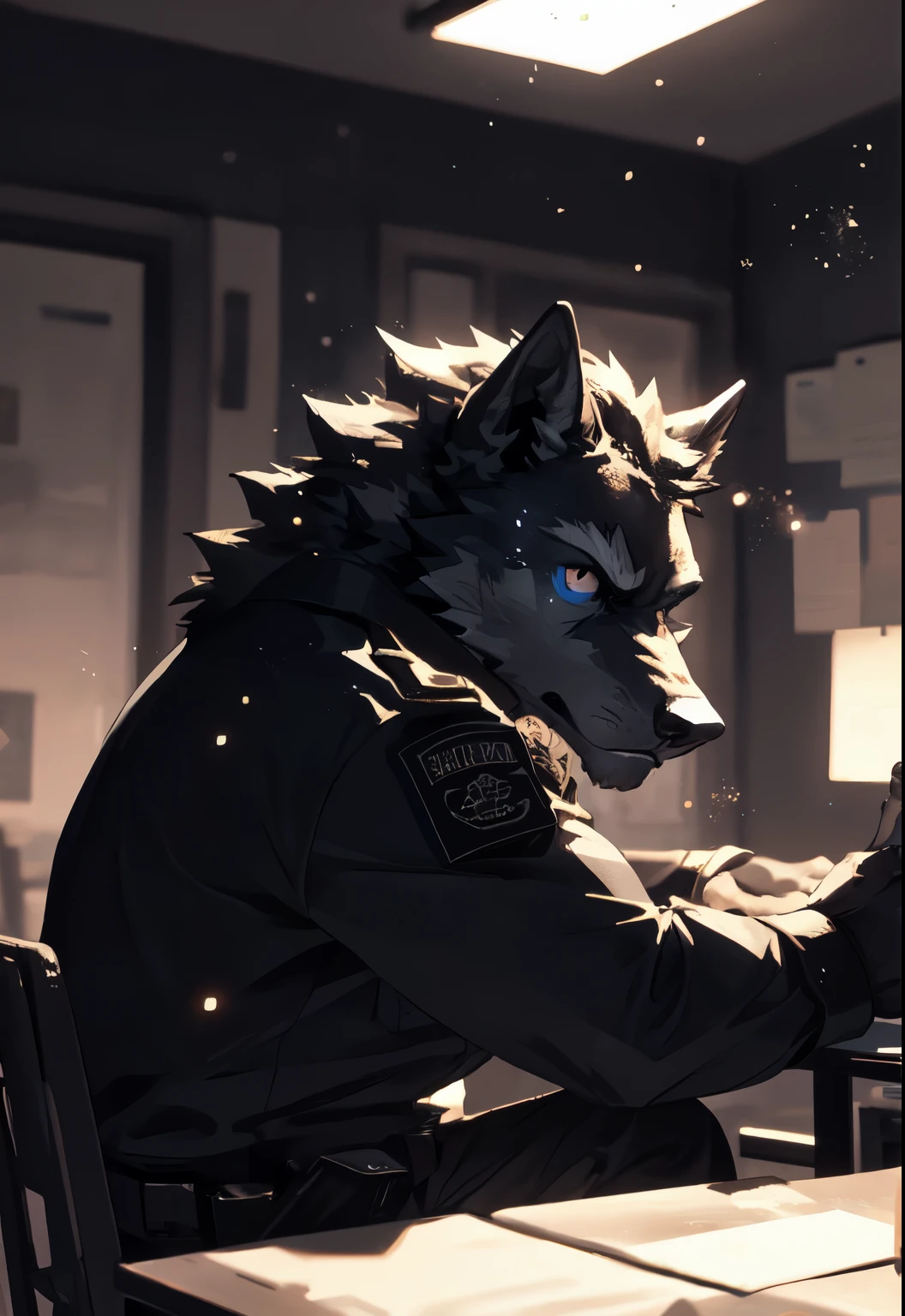 alone, Anthropomorphic black wolf, muscle, wearing a black combat uniform, holding a gun，depth of field, perfect lighting, (light particles),(best quality),(masterpiece),(ultra higher than ed),sharp focus,light particles