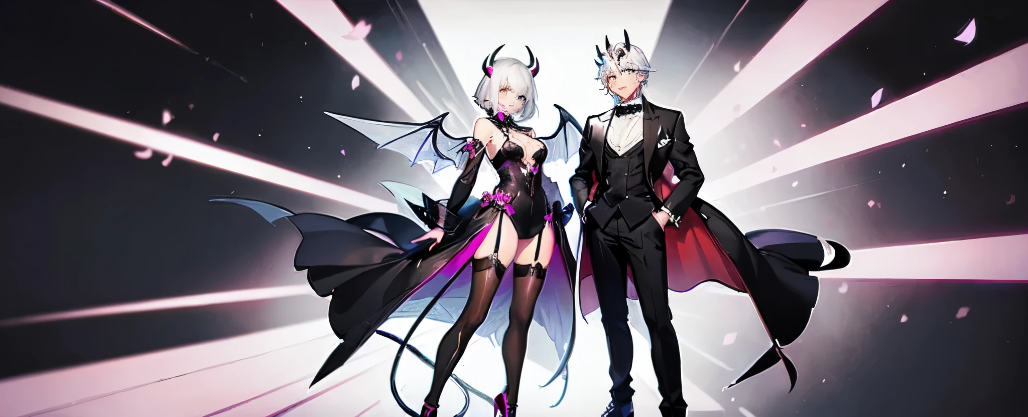 a man and a woman, full body, woman in her youth, slim, tall, black and white hair, provocative black clothing with pink tones, stiletto heels, light Mayan stockings, half succubus half angel race, gray angel wings, tail of succubus and rolled horns, fang-like teeth, with pink and purple background, full body apart, human man in his youth, white hair, short hair, tuxedo vest, with blue and black background, only two characters