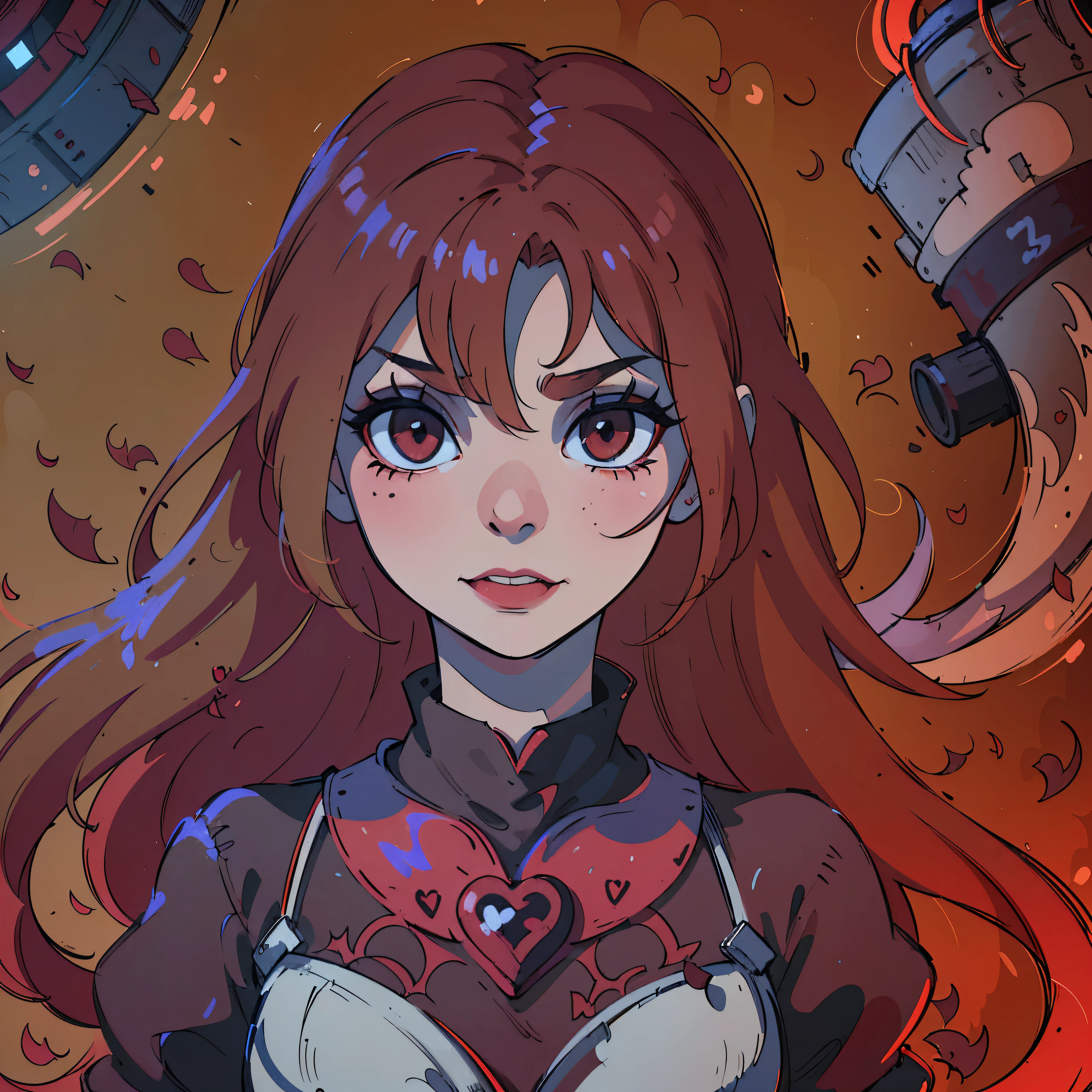 (melhor qualidade,4k,8K,high resolution,obra de arte:1.2),ultra-detalhado,(Realista,photoRealista,photo-Realista:1.37),cabelo vermelho sangue,olhos vermelhos de sangue,olhos e rosto extremamente detalhados,pele mais clara, Dentes detalhados,cores vivas,sombras escuras,dramatic lighting,Gothic,Horror,retrato,cabelo muito ruivo,lindo nariz,sorriso, Do not change the hair bangs,batom vermelho, sorriso with beautiful teeth, drawing of a heart symbol painted in red on the right cheek.