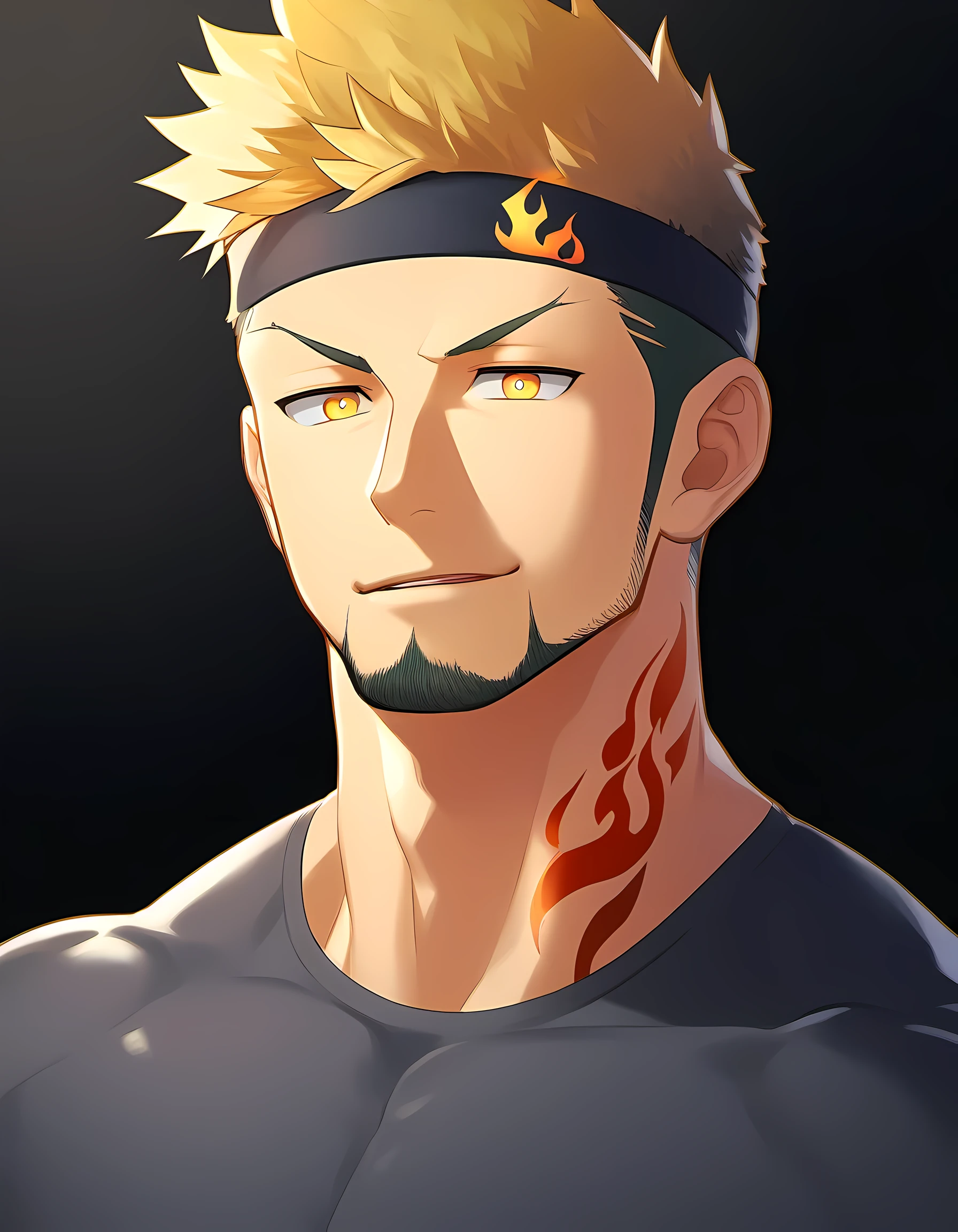 anime characters：Guy, Priapus, 1 young muscular man, male focus, Flame tattoo, Sporty black headband, Dark gray spandex tight T-shirt, There is milk flowing out of the corner of the mouth., muscular male, muscular, only, Upper body, alone, short yellow hair, stubble, yellow eyes, black background, simple background, amazing quality, best aesthetics, Ridiculous, bright pupils, short hair, naughty face, torogao, open lips, best quality