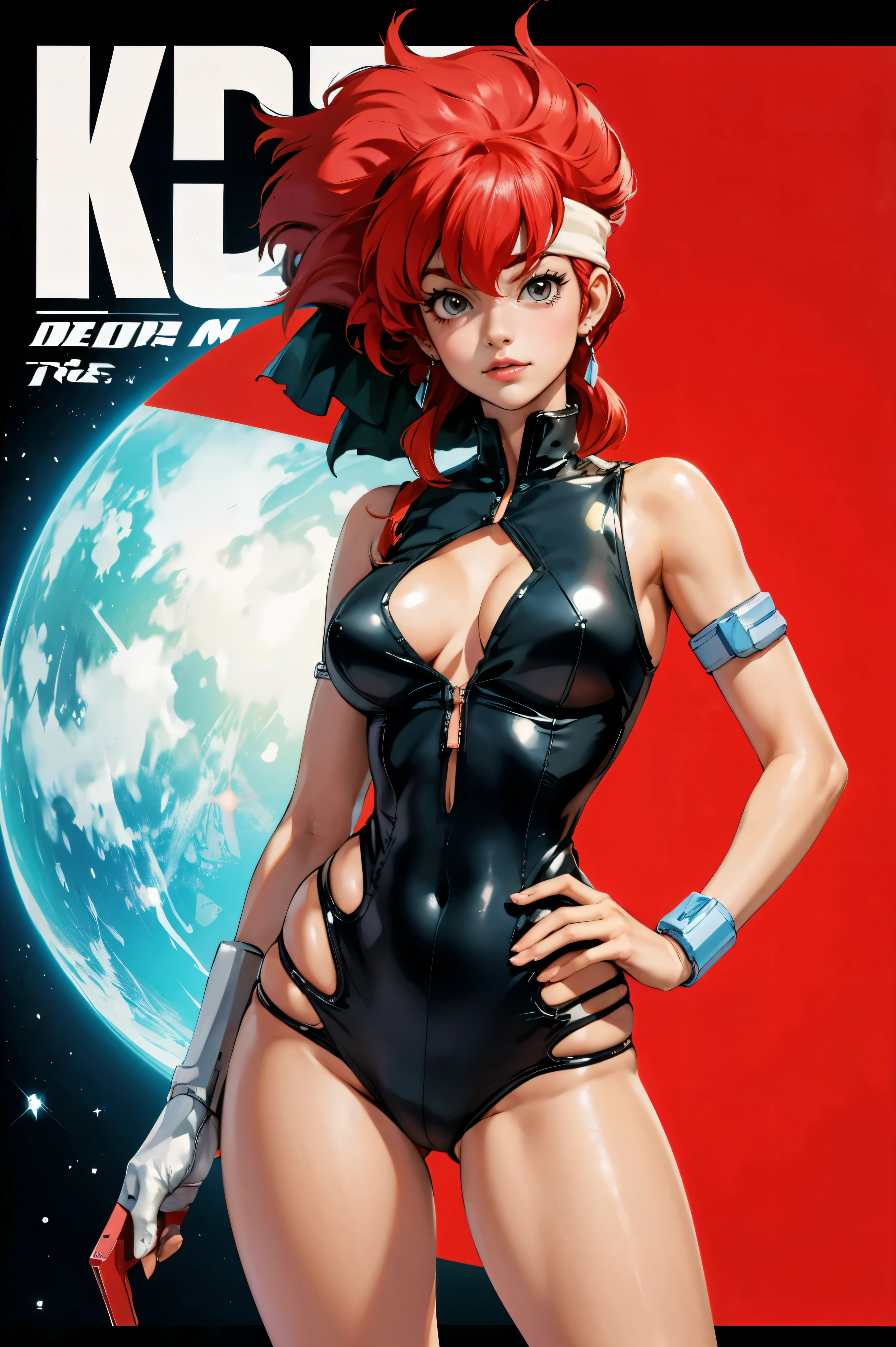 Kei from The Dirty Pair, , wearing a tight outfit, frame, legs, medium breast, red hair beauty, cyberpunk city background, holding retro space-gun, headband, slim waist, slim thighs, thigh gap