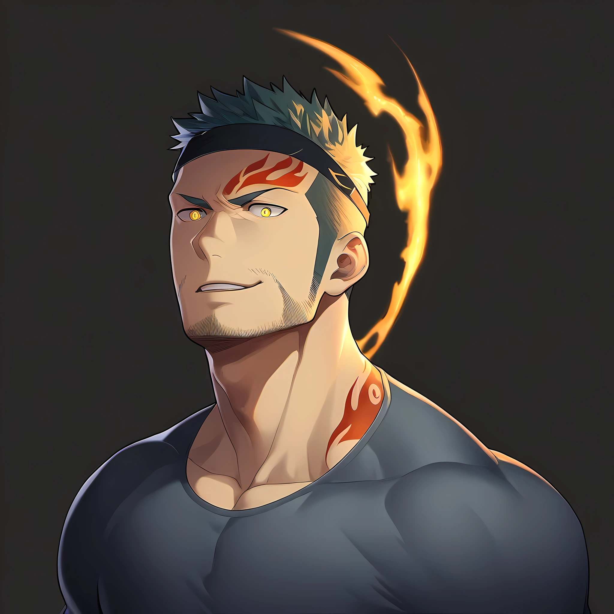 anime characters:Guy, Priapus, ung muscular man, male focus, Flame tattoo, Sporty black headband, Dark gray spandex tight T-shirt, muscular male, muscular, only, Upper body, alone, short yellow hair, stubble, yellow eyes, black background, simple background, amazing quality, best aesthetics, Ridiculous, bright pupils, short hair, naughty face, torogao, open lips, best quality