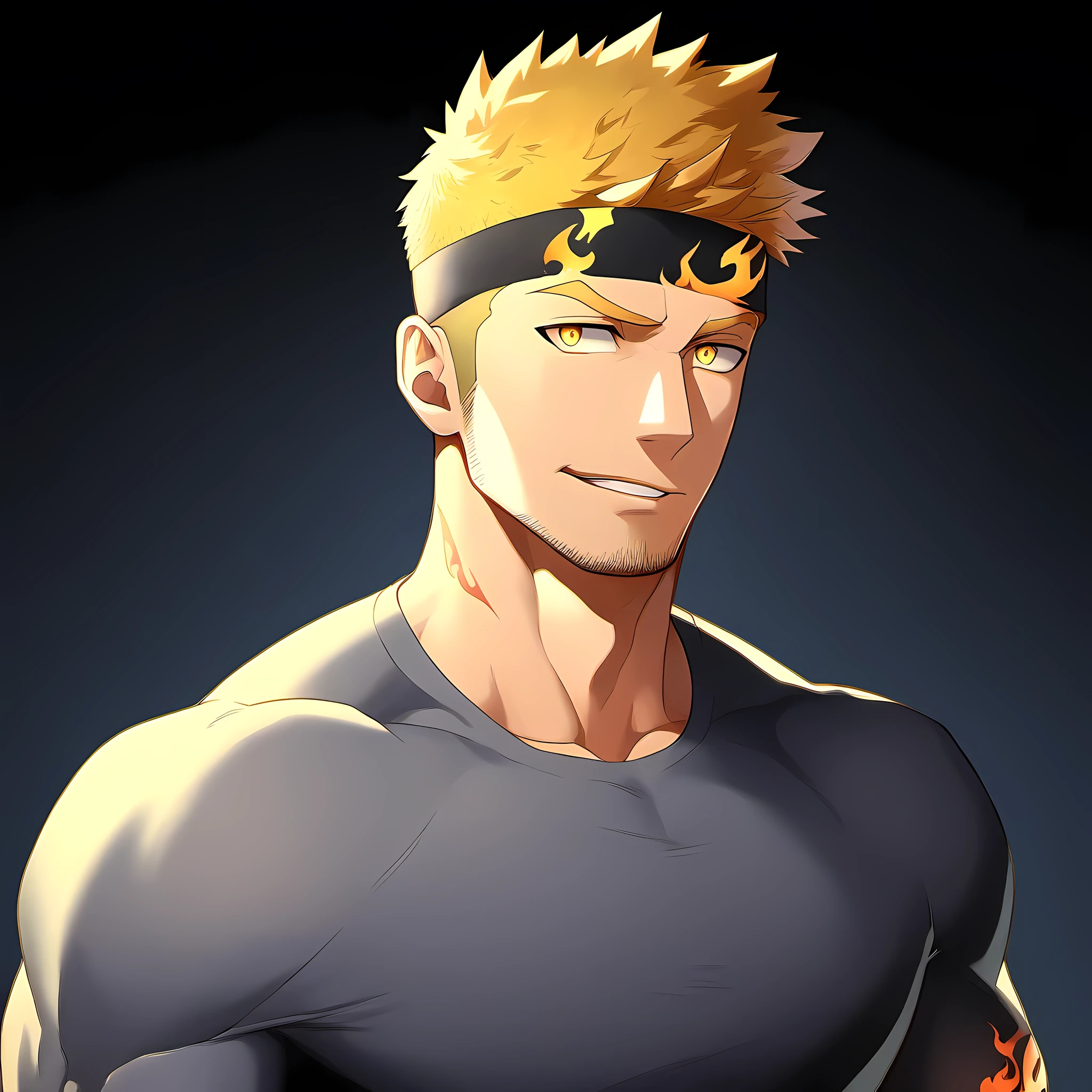 anime characters：Guy, Priapus, 1 young muscular man, male focus, Flame tattoo, Sporty black headband, Dark gray spandex tight T-shirt, muscular male, muscular, only, Upper body, alone, short yellow hair, stubble, yellow eyes, black background, simple background, amazing quality, best aesthetics, Ridiculous, bright pupils, short hair, naughty face, torogao, open lips, best quality