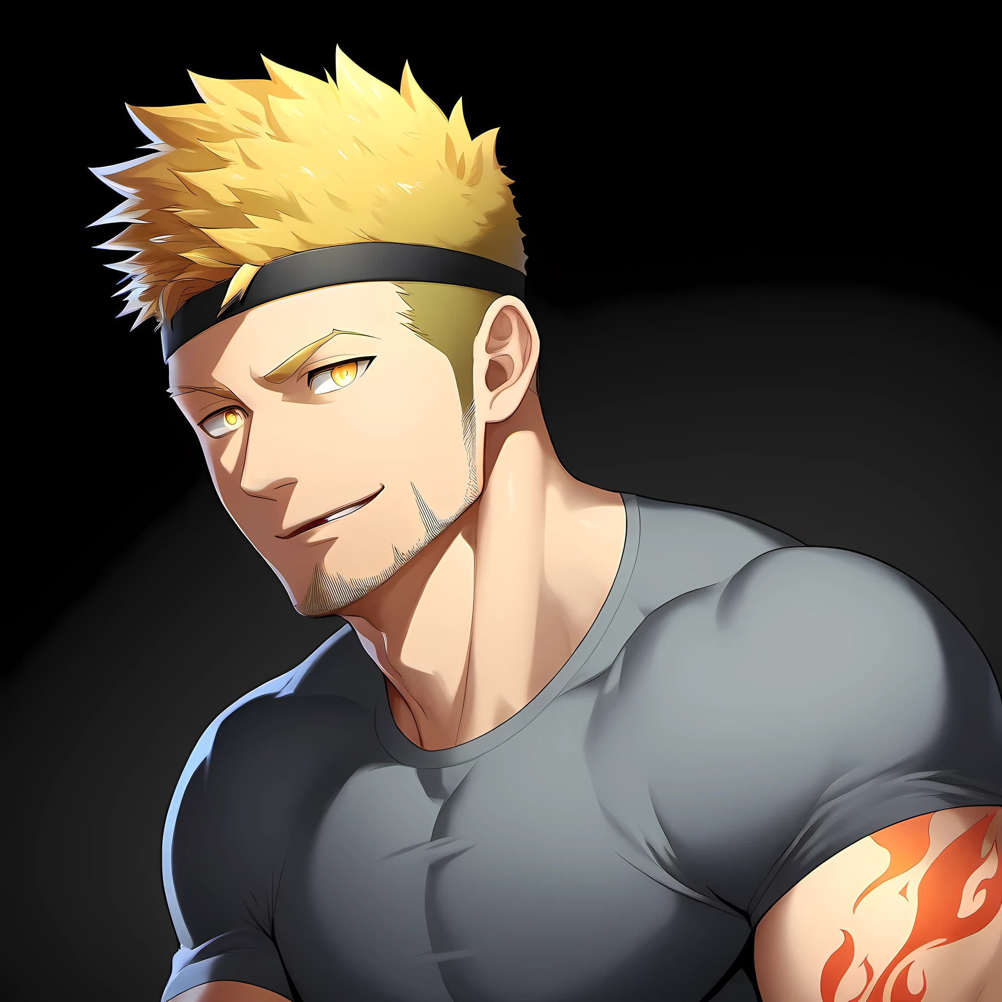 anime characters：Guy, Priapus, ****ung muscular man, male focus, Flame tattoo, Sporty black headband, Dark gray spandex tight T-shirt, muscular male, muscular, only, Upper body, alone, short yellow hair, stubble, yellow eyes, black background, simple background, amazing quality, best aesthetics, Ridiculous, bright pupils, short hair, naughty face, torogao, open lips, best quality