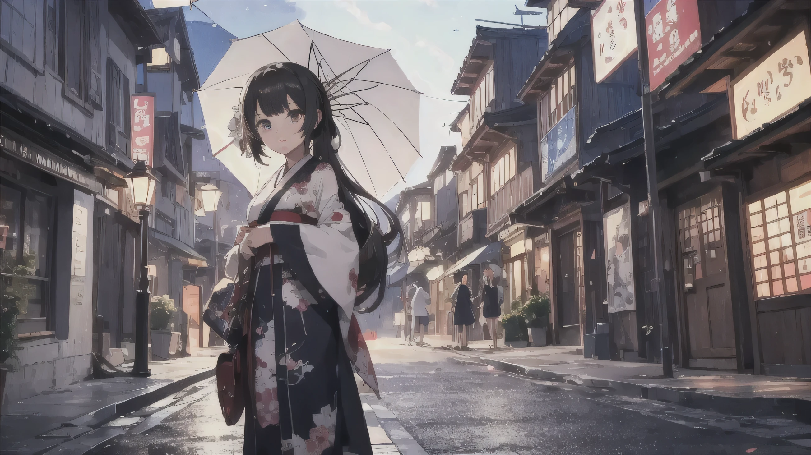 Anime girl in kimono holding an umbrella on the street, anime style 4 k, anime style. 8k, From the Azur Lane video game, anime wallpaper 4k, anime wallpaper 4k, anime art wallpaper 4k, anime art wallpaper 4k, everyone, anime moe art style, anime art wallpaper 8k, Cute anime wife in a nice dress、
