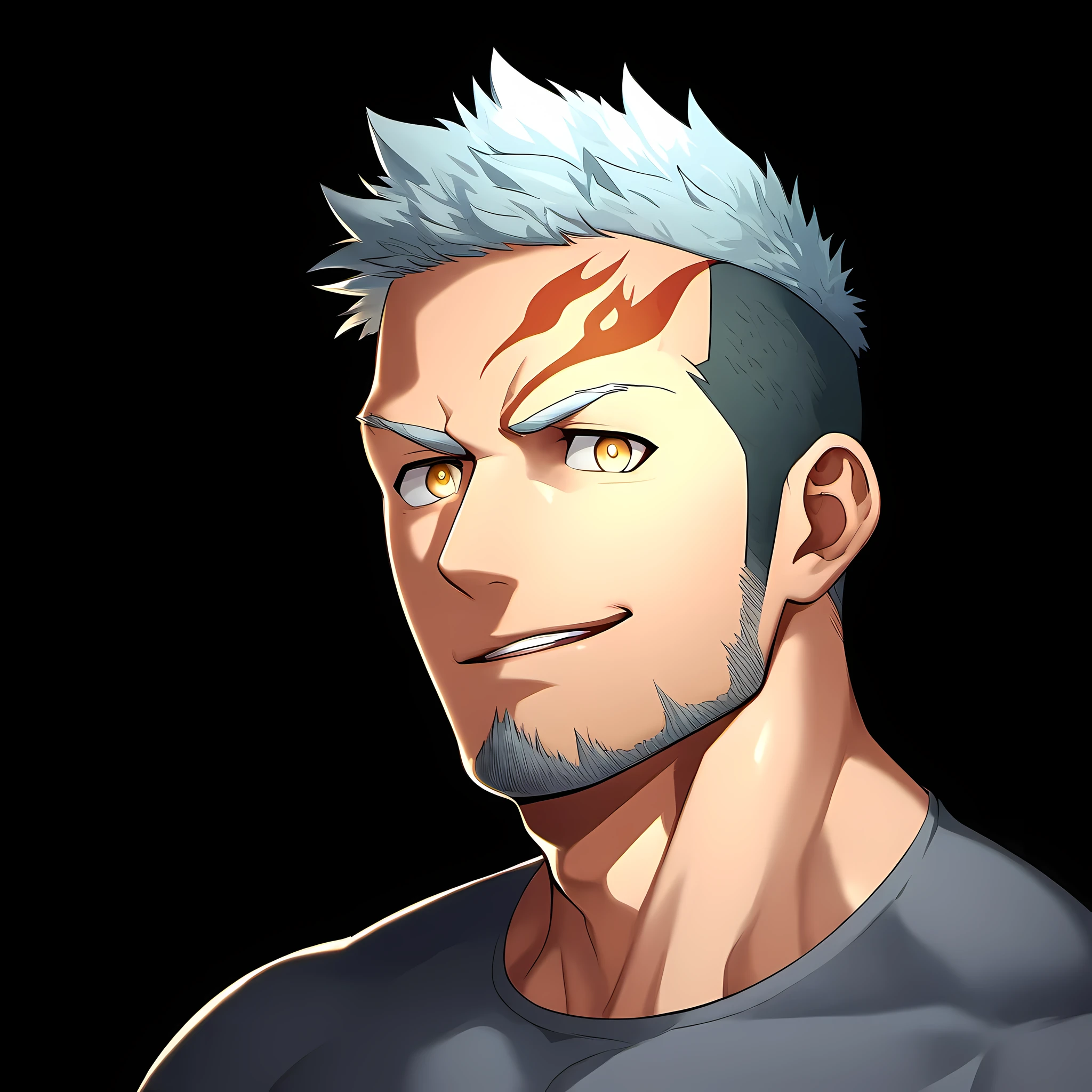 anime characters:Guy, Priapus, 1 young muscular man, male focus, Flame tattoo, Sporty black headband, Dark gray spandex tight T-shirt, muscular male, muscular, only, Upper body, alone, white short hair, stubble, yellow eyes, black background, simple background, amazing quality, best aesthetics, Ridiculous, bright pupils, short hair, naughty face, torogao, open lips, best quality