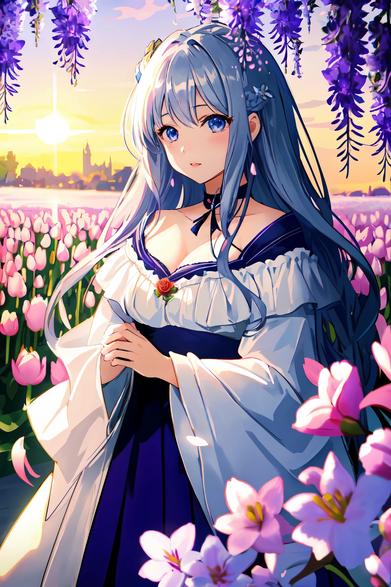 anime、1 female、whole body、semi-long、shiny silver hair、curly hair、Clear eyes、blue eyes、dense lips、well-groomed face、off shoulder clotheini skirt、cherry blossoms、flower garden、(tulip、wisteria flowers、rose)evening、sunset、light reflection、masterpiece、ultra high resolution、delicate、16k、perfect lighting