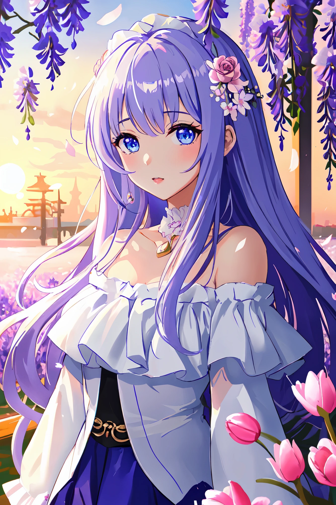 anime、1 female、whole body、semi-long、shiny silver hair、curly hair、Clear eyes、blue eyes、dense lips、well-groomed face、off shoulder clotheini skirt、cherry blossoms、flower garden、(tulip、wisteria flowers、rose)evening、sunset、light reflection、masterpiece、ultra high resolution、delicate、16k、perfect lighting